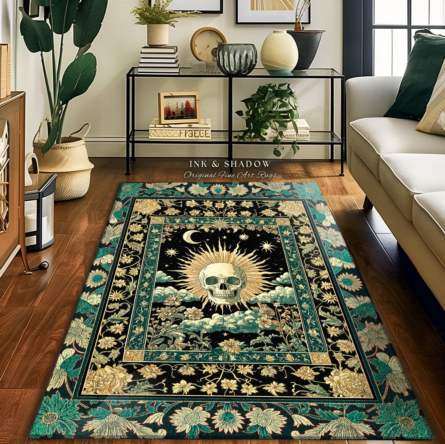 Moody Mystic Skull Boho Area Rug | Macabre Gothic Vintage Fall Bedroom Rug Dark Academia Style Spooky Skeleton Whimsigoth Witchy Aesthetic