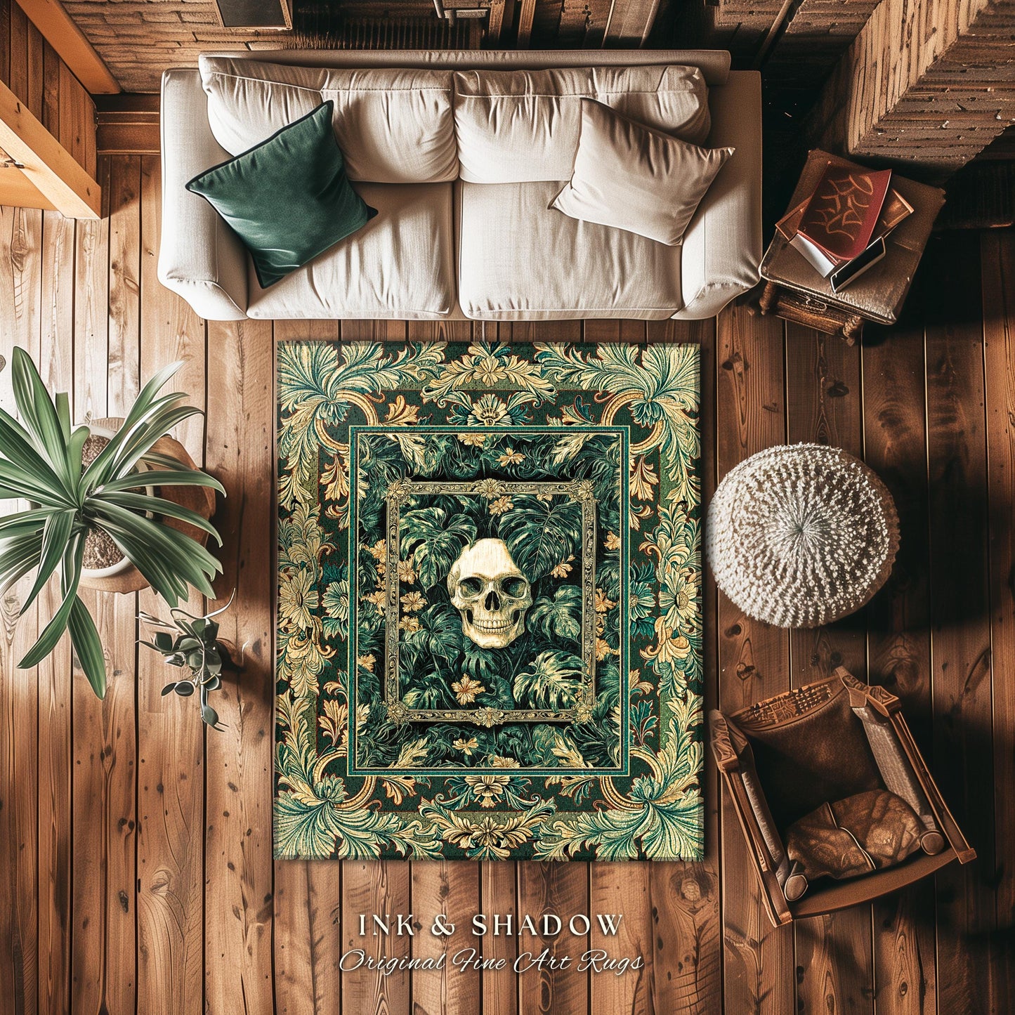 Ornate Baroque Halloween Skull Accent | Goth Aesthetic Fall Decor Spooky Skeleton Area Rug Macabre Retro Witchy Style Bedroom Decor Greenery