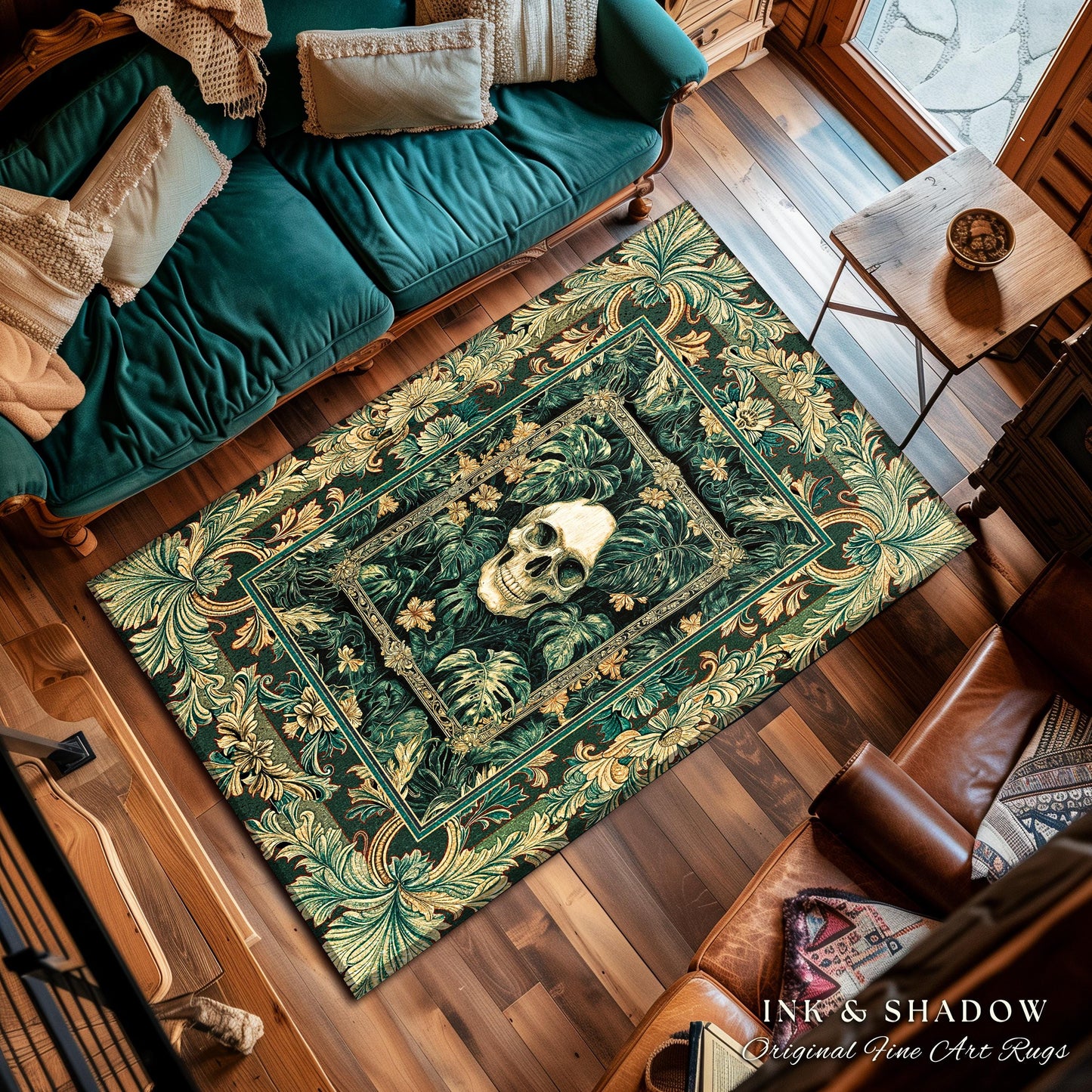 Ornate Baroque Halloween Skull Accent | Goth Aesthetic Fall Decor Spooky Skeleton Area Rug Macabre Retro Witchy Style Bedroom Decor Greenery