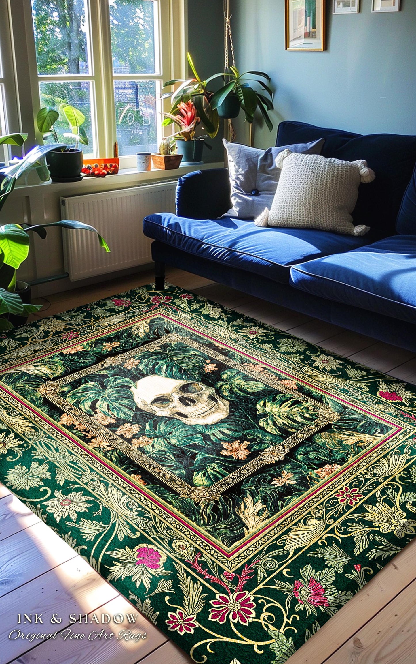 Botanical Gothic Macabre Skull Rug | Baroque Goth Decor Spooky Fall Aesthetic Dark Academia Bedroom Accent Rug Skeleton Halloween Witchy Art