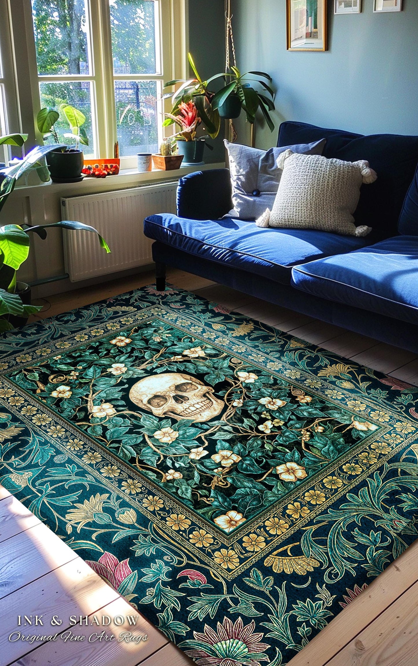 Wildflower Wilds Skull Area Rug | Botanical Macabre Home Accent Gothic Aesthetic Wiccan Bedrooom Rug Witchy Tarot Skeleton Whimsigoth Decor