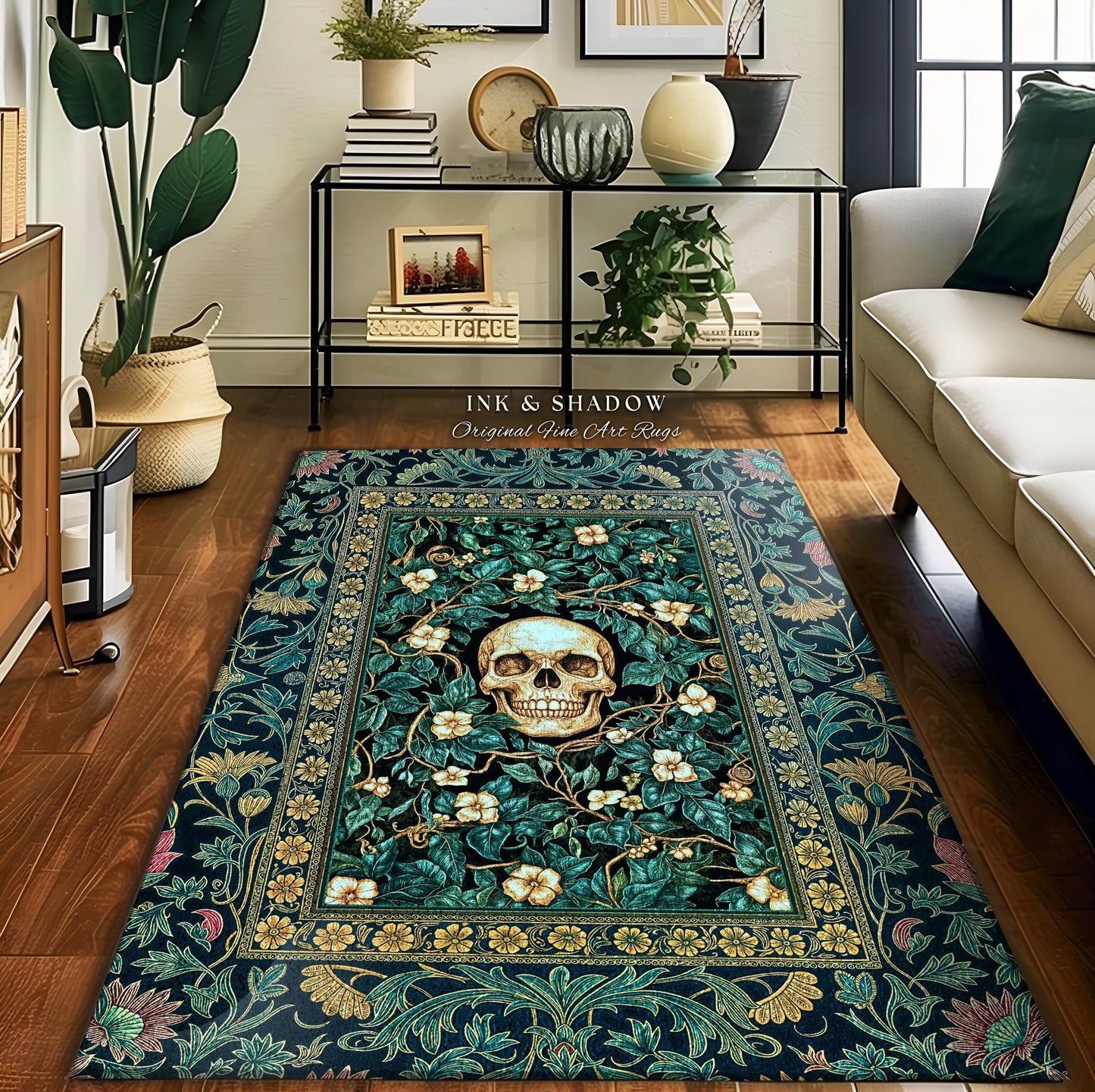 Wildflower Wilds Skull Area Rug | Botanical Macabre Home Accent Gothic Aesthetic Wiccan Bedrooom Rug Witchy Tarot Skeleton Whimsigoth Decor