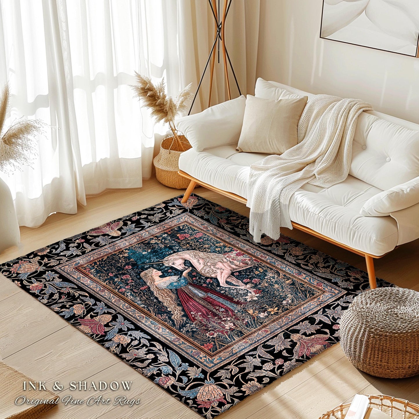 Mystic Fairytale Unicorn Area Rug | Renaissance Aesthetic Gloomy Coquette Home Decor Accent Dark Cottagecore Storybook Gothic Theme Bedroom