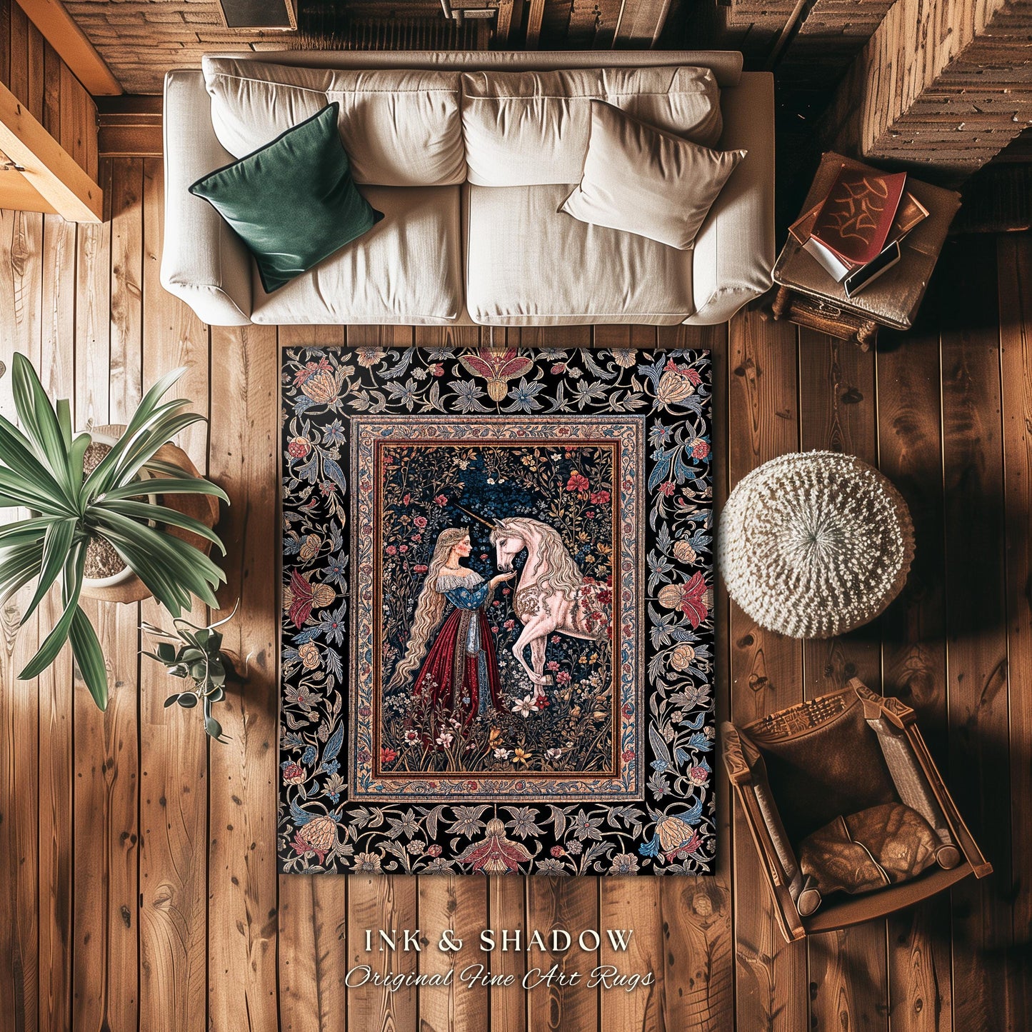 Mystic Fairytale Unicorn Area Rug | Renaissance Aesthetic Gloomy Coquette Home Decor Accent Dark Cottagecore Storybook Gothic Theme Bedroom