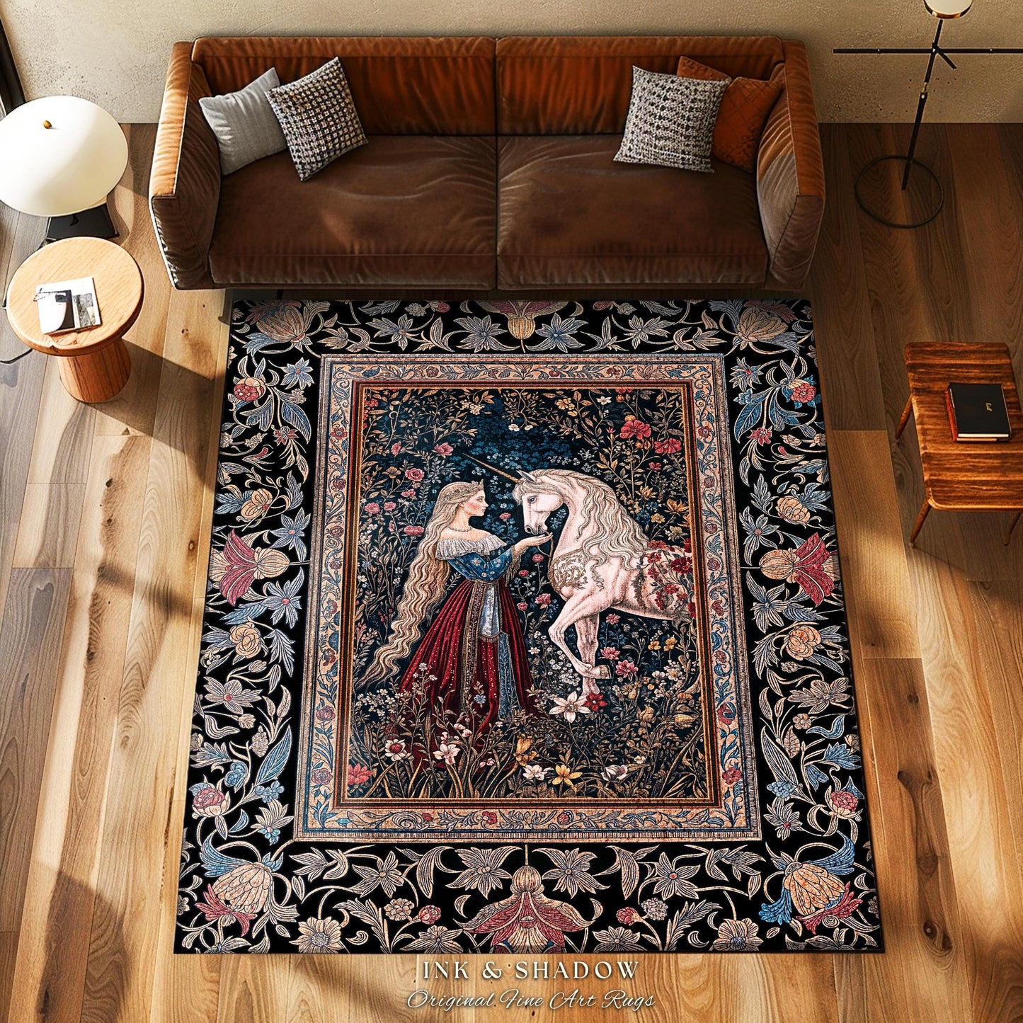 Mystic Fairytale Unicorn Area Rug | Renaissance Aesthetic Gloomy Coquette Home Decor Accent Dark Cottagecore Storybook Gothic Theme Bedroom