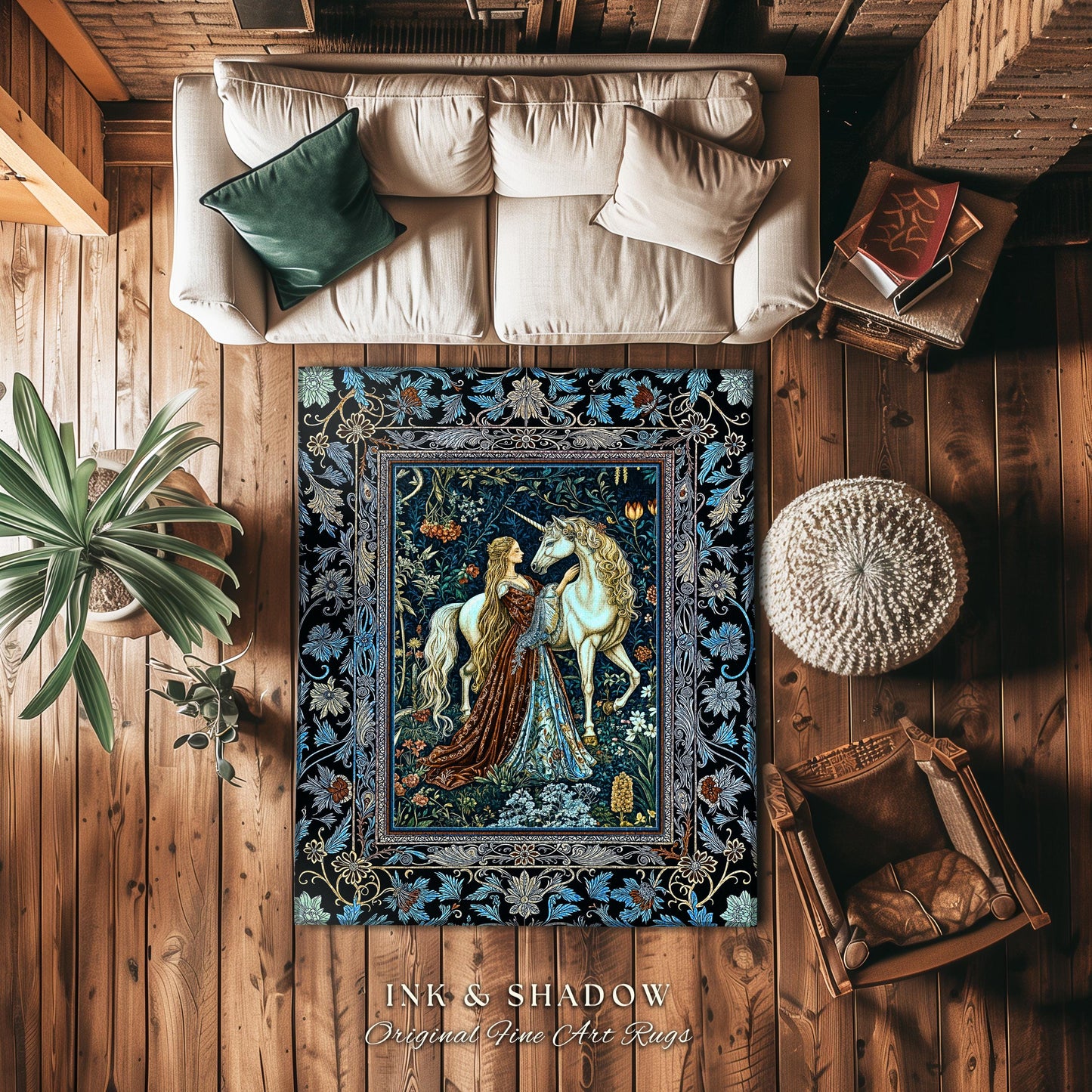 Moody Medieval Rococo Area Rug | Vintage Fantasy Bedroom Home Decor Accent Baroque Royalcore Cottagecore Romantic Decor Cool Hues Bohemian |