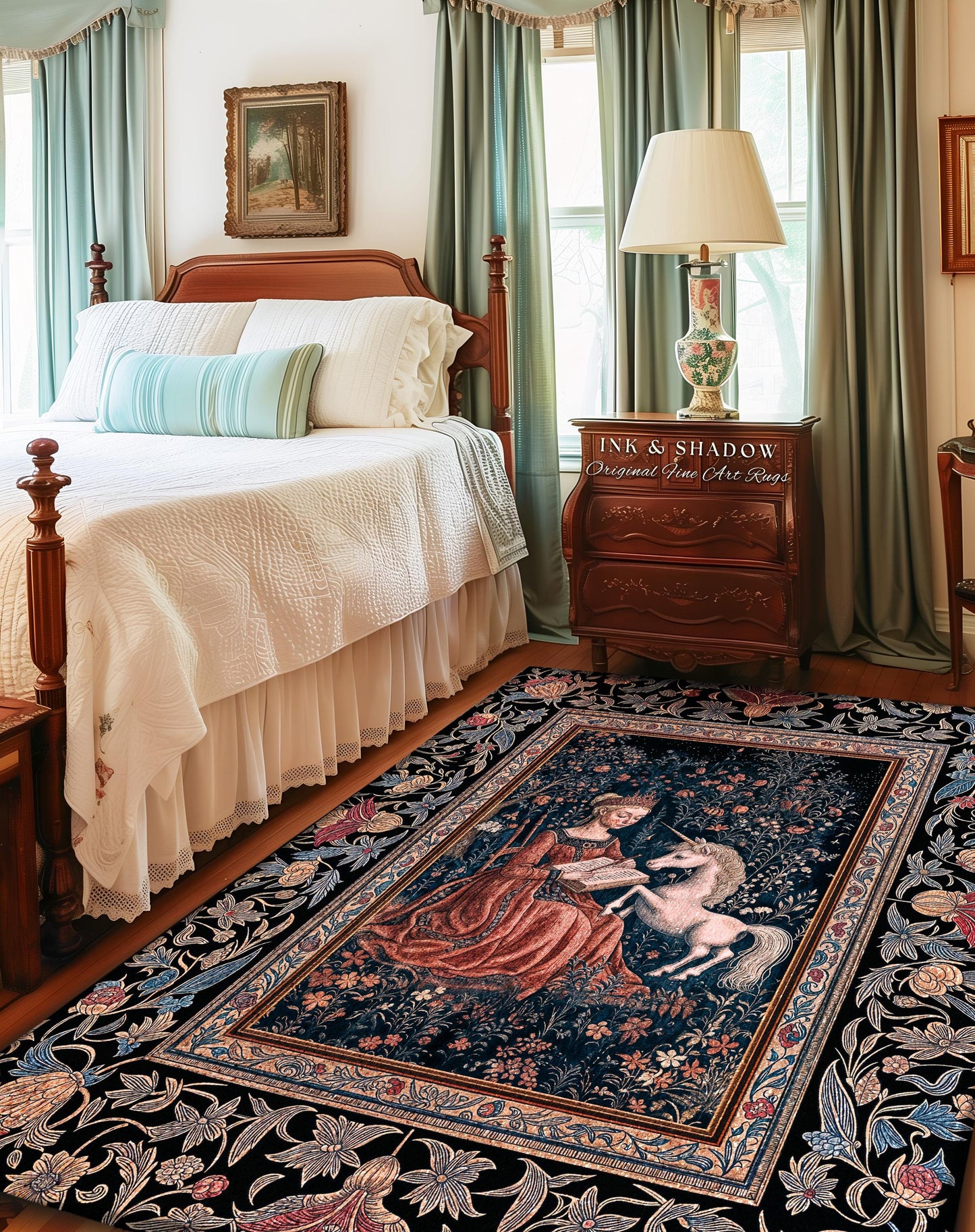 Fairytale Unicorn Victorian Accent Rug | Storybook Dark Academia Decor Fairytale Princess Rococo Area Rug Romantic Cottage Aesthetic Decor