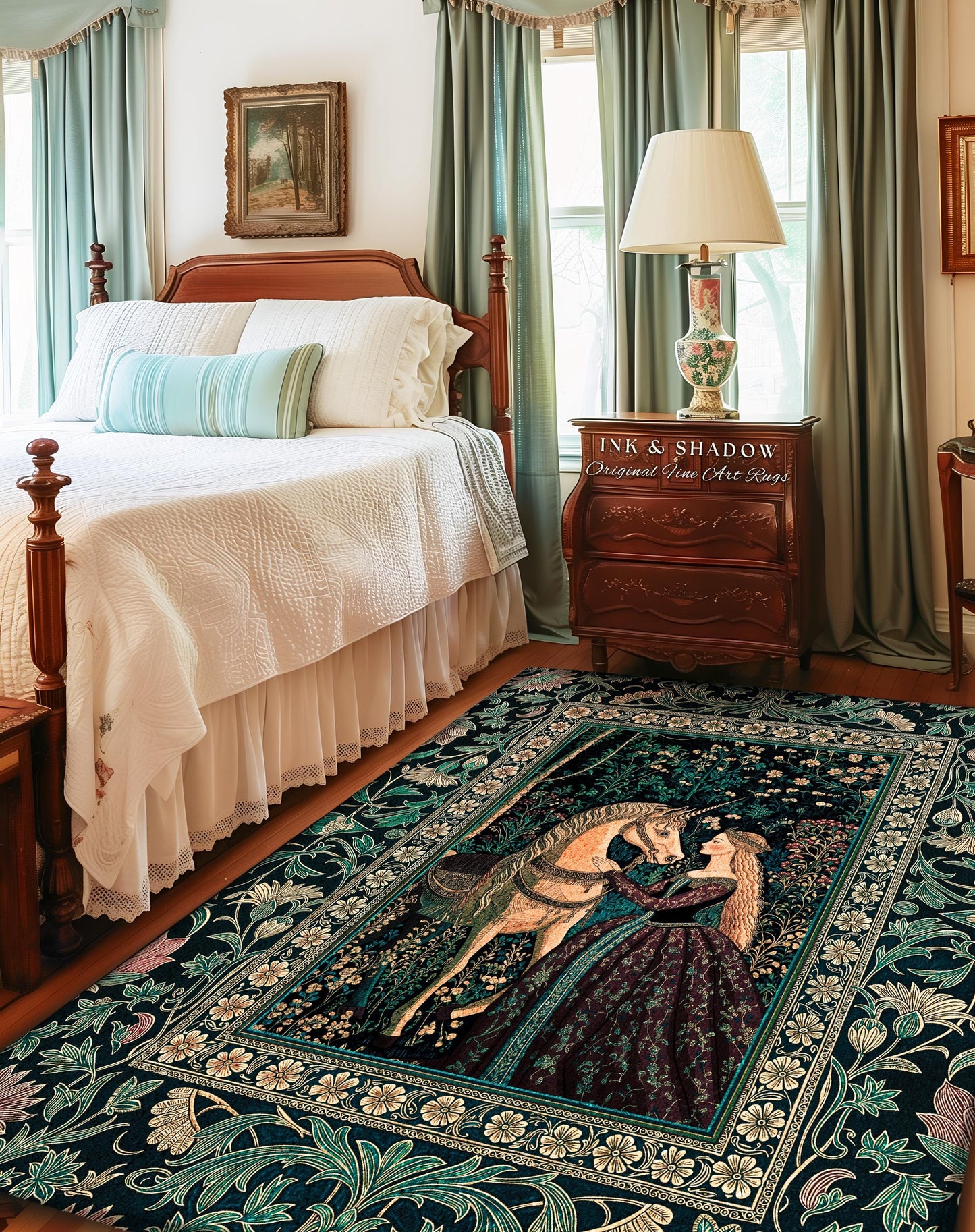 Nature Spirits Dark Botanical Accent Rug | Fantasy Fairytale Bedroom Home Area Rug Medieval Gothic Decor Royalcore Princesscore Aesthetic |