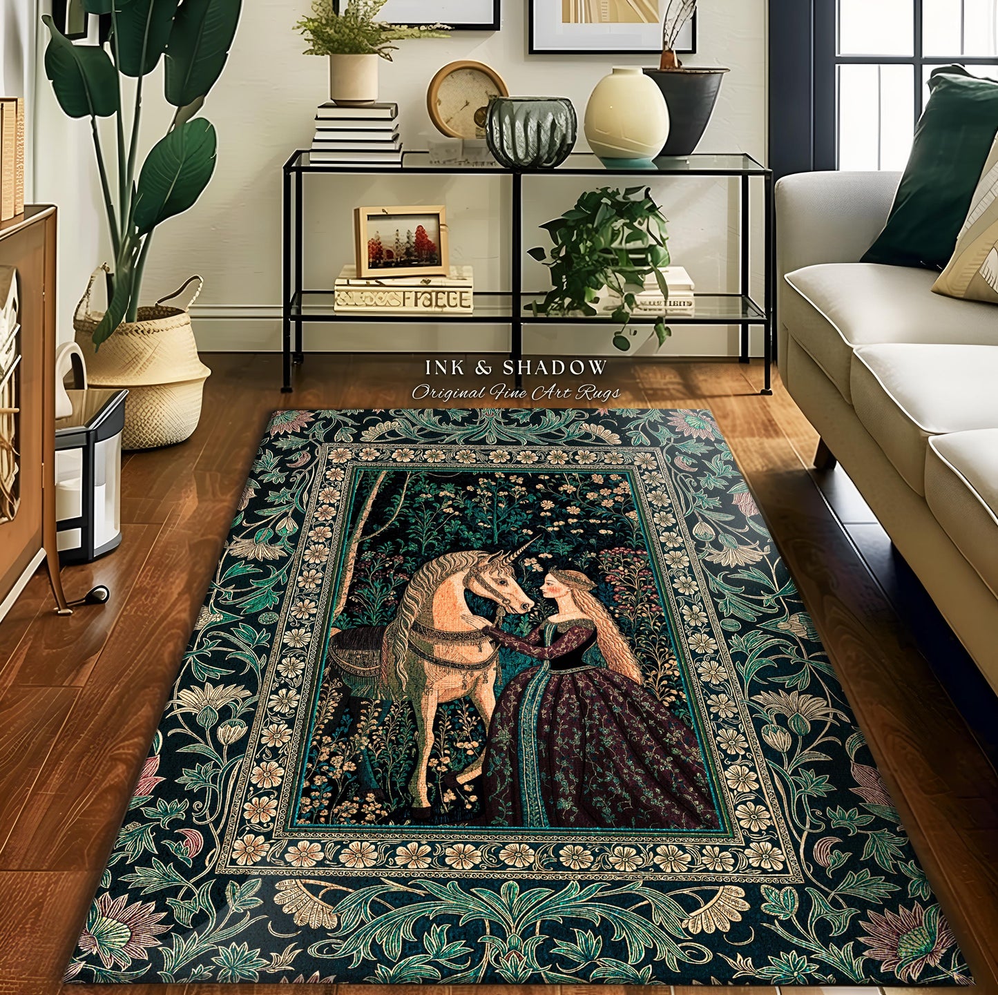 Nature Spirits Dark Botanical Accent Rug | Fantasy Fairytale Bedroom Home Area Rug Medieval Gothic Decor Royalcore Princesscore Aesthetic |