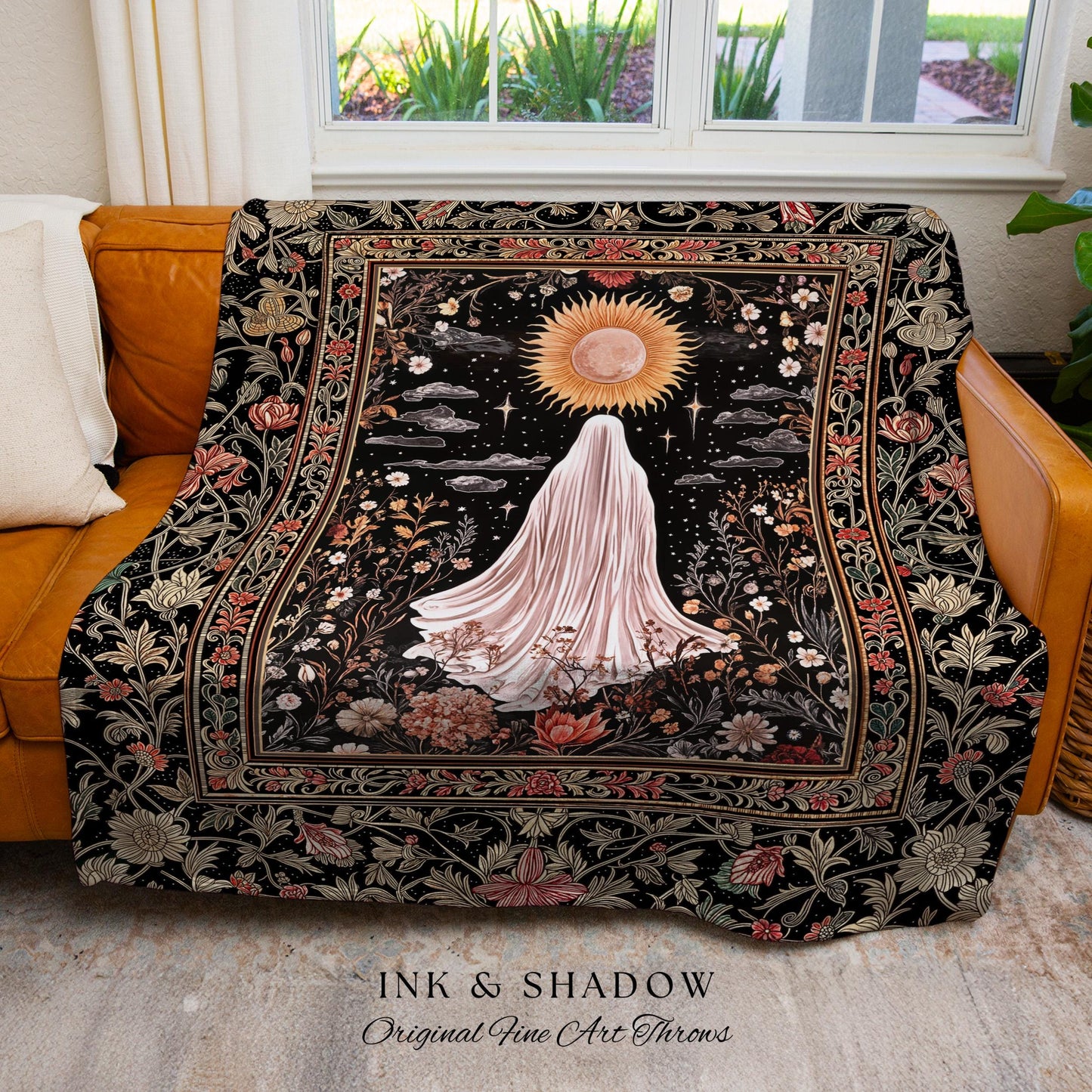 Ethereal Rose Garden Ghost Blanket | Pastel Floral Woven Tapestry Halloween Throw Cottagecore Whimsigoth Romantic Goth Decor Celestial Witch