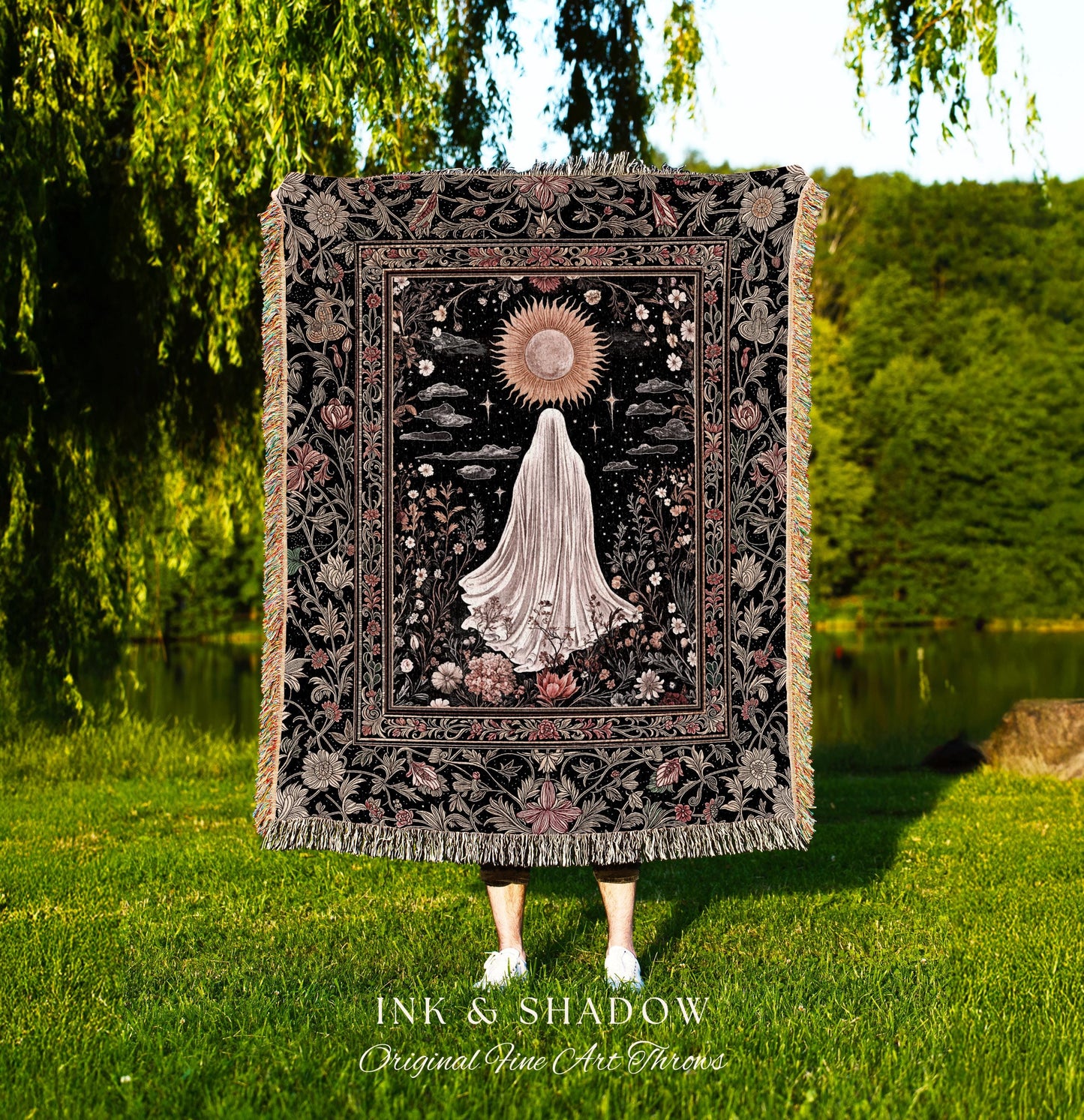 Ethereal Rose Garden Ghost Blanket | Pastel Floral Woven Tapestry Halloween Throw Cottagecore Whimsigoth Romantic Goth Decor Celestial Witch