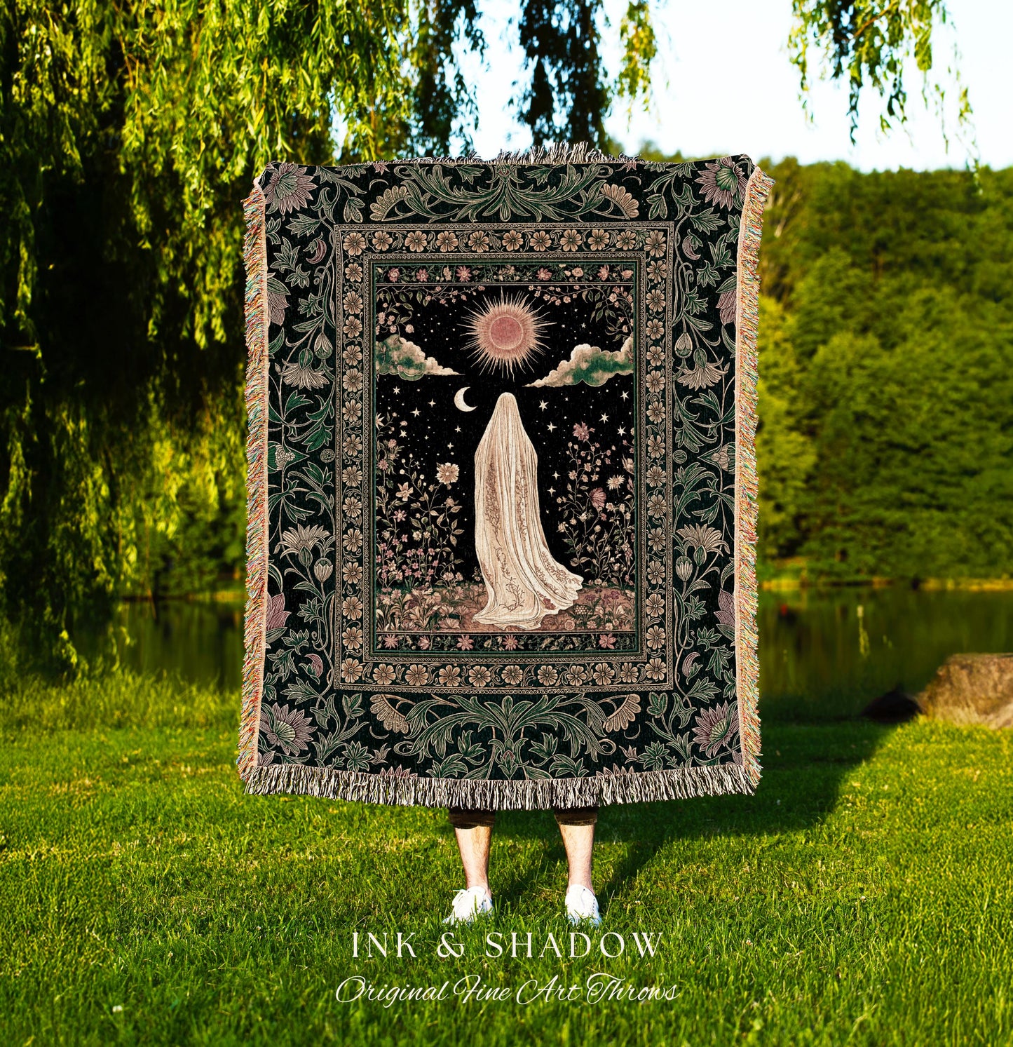 Verdant Sunlit Ghost Cozy Blanket | Floral Cottagecore Halloween Decor Woven Forest Ghost Tapestry Whimsigoth Gothic Throw Art Botanical |