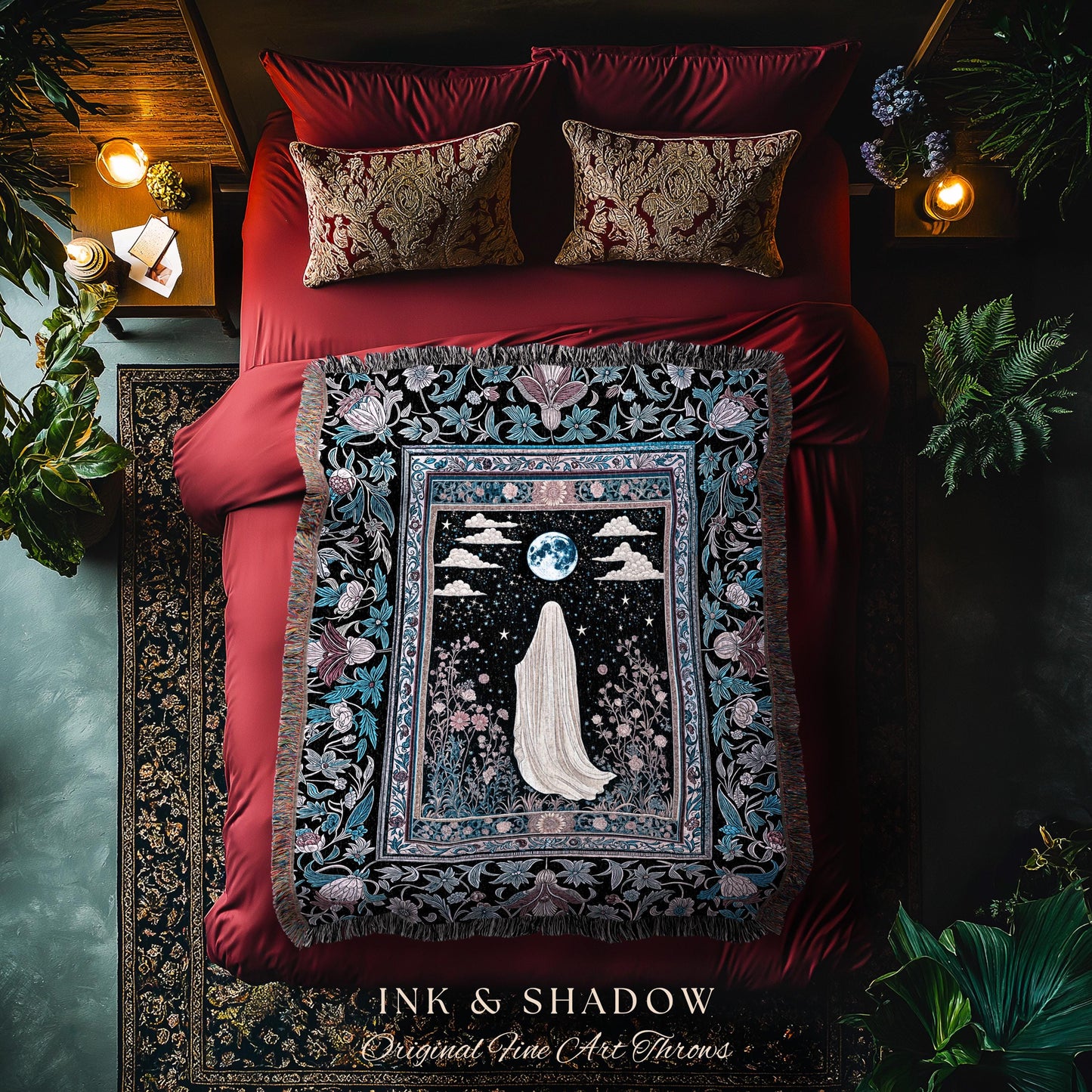 Moody Midnight Ghost Wall Tapestry | Gothic Woven Blanket Harvest Moon Spirit Whimsigoth Halloween Cottagecore Cozy Decor Botanical Witchy |