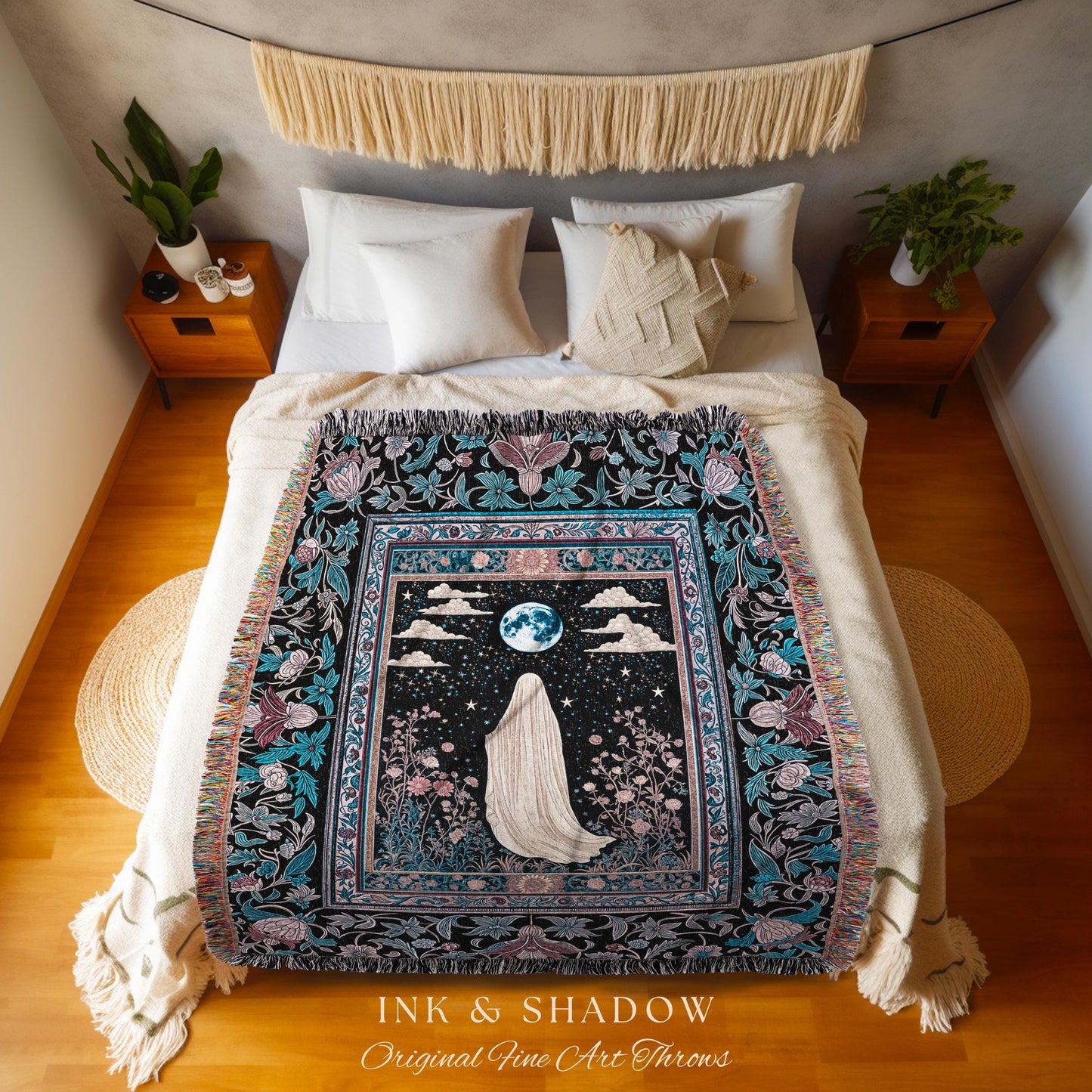 Moody Midnight Ghost Wall Tapestry | Gothic Woven Blanket Harvest Moon Spirit Whimsigoth Halloween Cottagecore Cozy Decor Botanical Witchy |