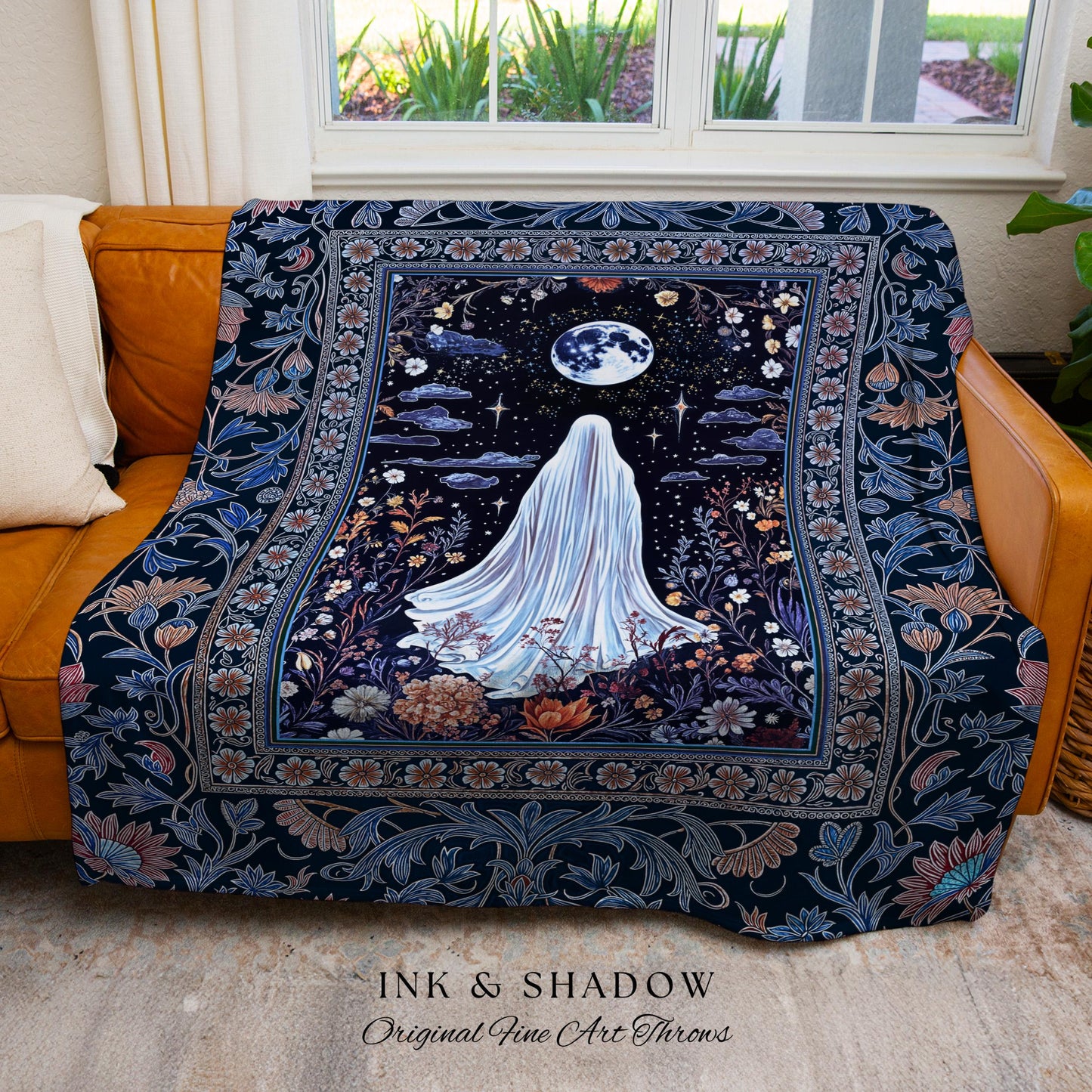 Blue Moon Garden Ghost Blanket | Whimsigoth Pastel Floral Throw Halloween Decor Cottagecore Spirit Tapestry Botanical Season Witchy Style |