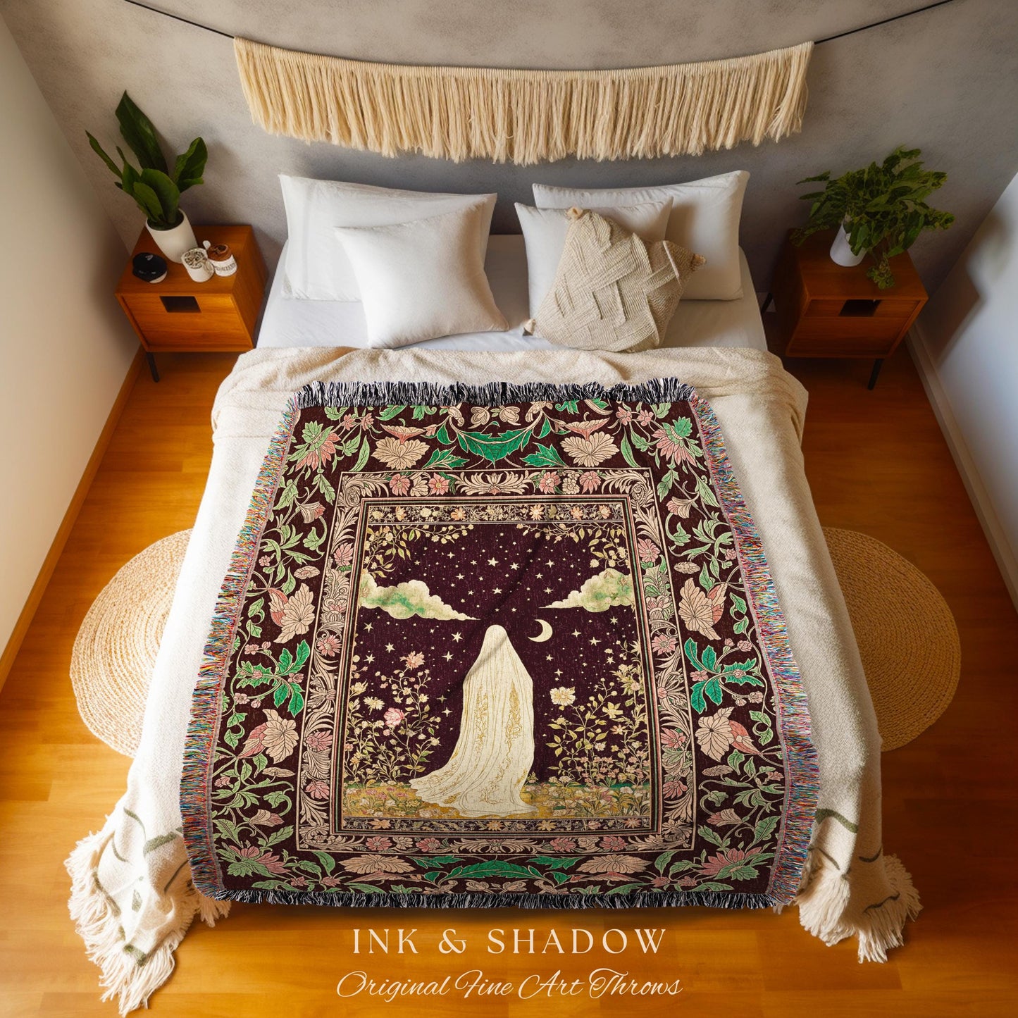 Celestial Nightfall Mystic Ghost Tapestry | Ethereal Witchy Cottagecore Blanket Woven Whimsigoth Gothic Decor Botanical Vintage Aesthetic |