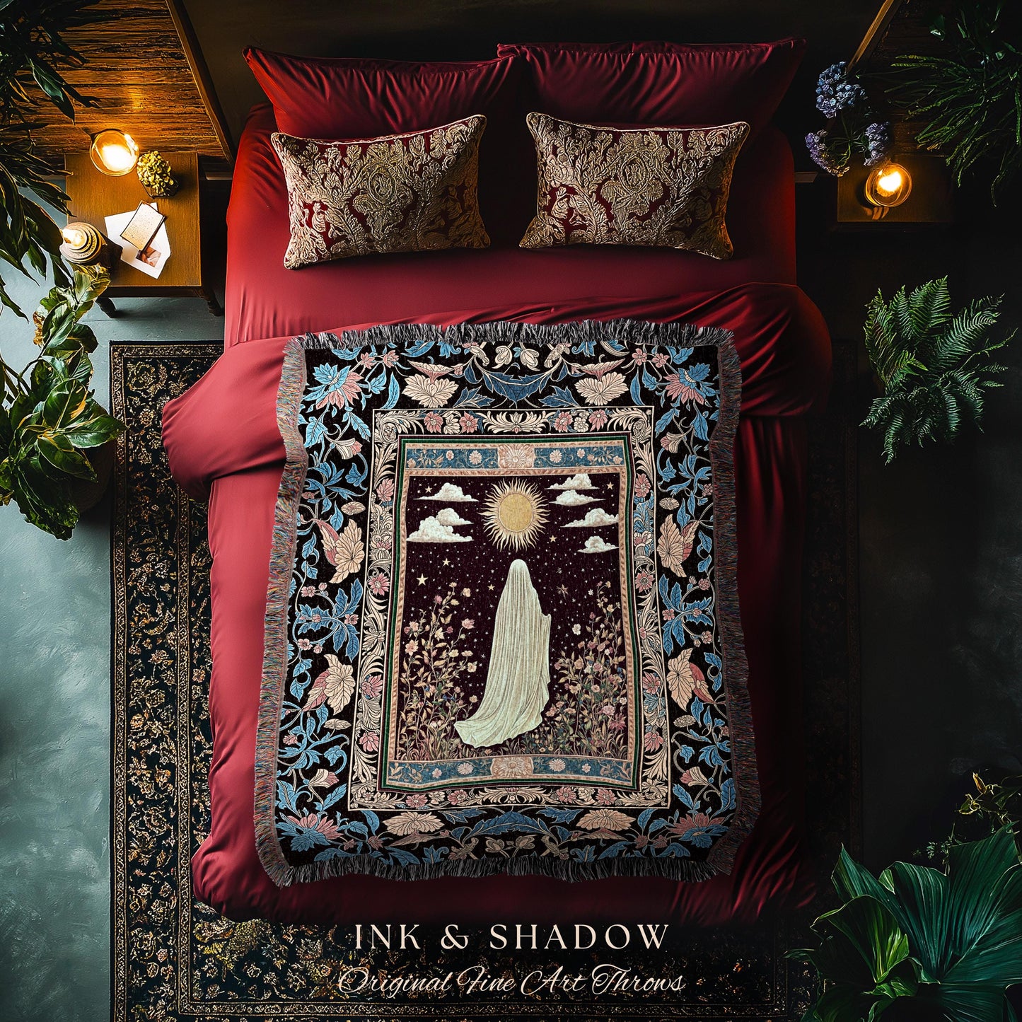 Gothic Sunlit Ghost Throw Blanket | Whimsigothic Cottagecore Woven Tapestry Decor Halloween Spirit Floral Mysticism Witchy Bedroom Accent |