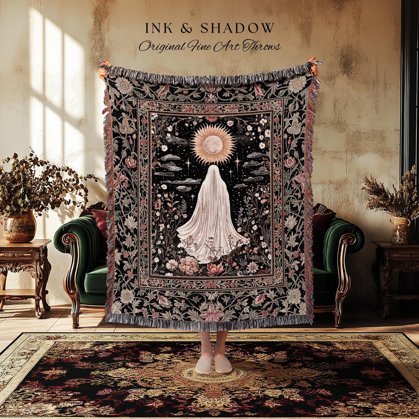 Ethereal Rose Garden Ghost Blanket | Pastel Floral Woven Tapestry Halloween Throw Cottagecore Whimsigoth Romantic Goth Decor Celestial Witch