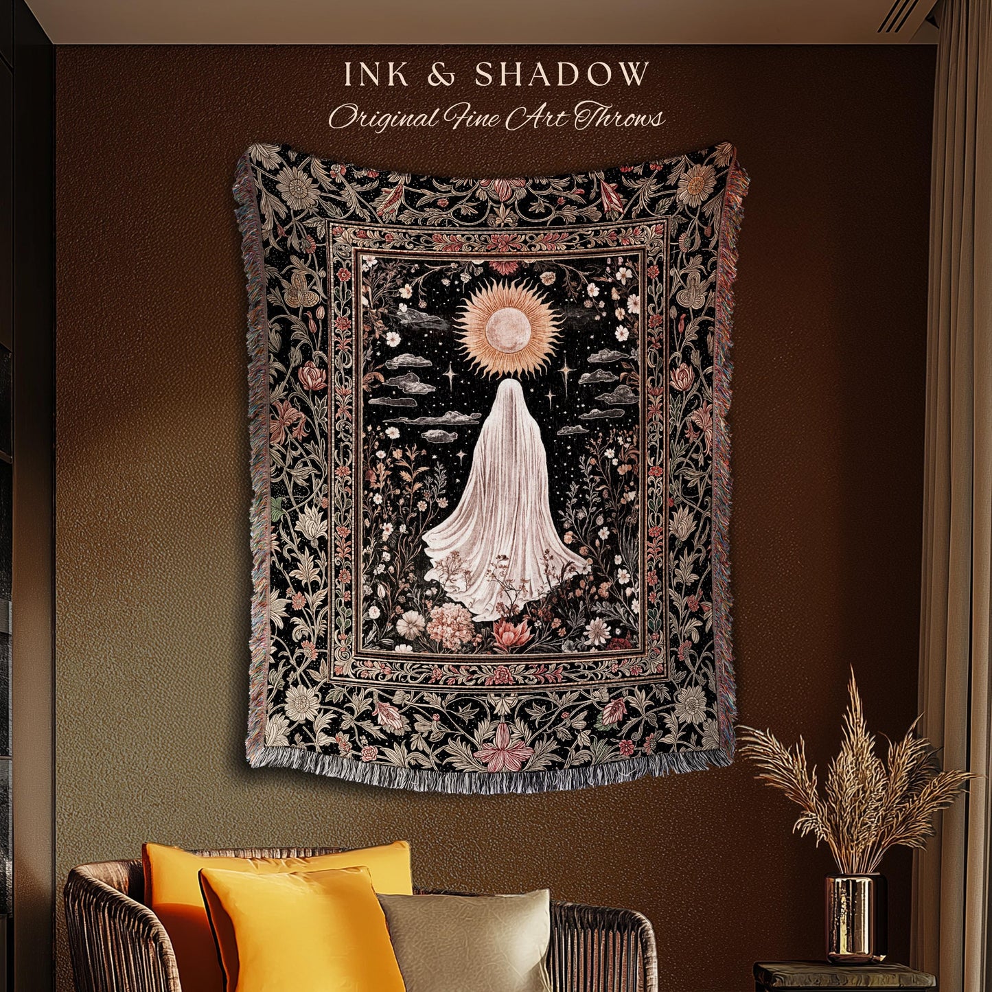 Ethereal Rose Garden Ghost Blanket | Pastel Floral Woven Tapestry Halloween Throw Cottagecore Whimsigoth Romantic Goth Decor Celestial Witch