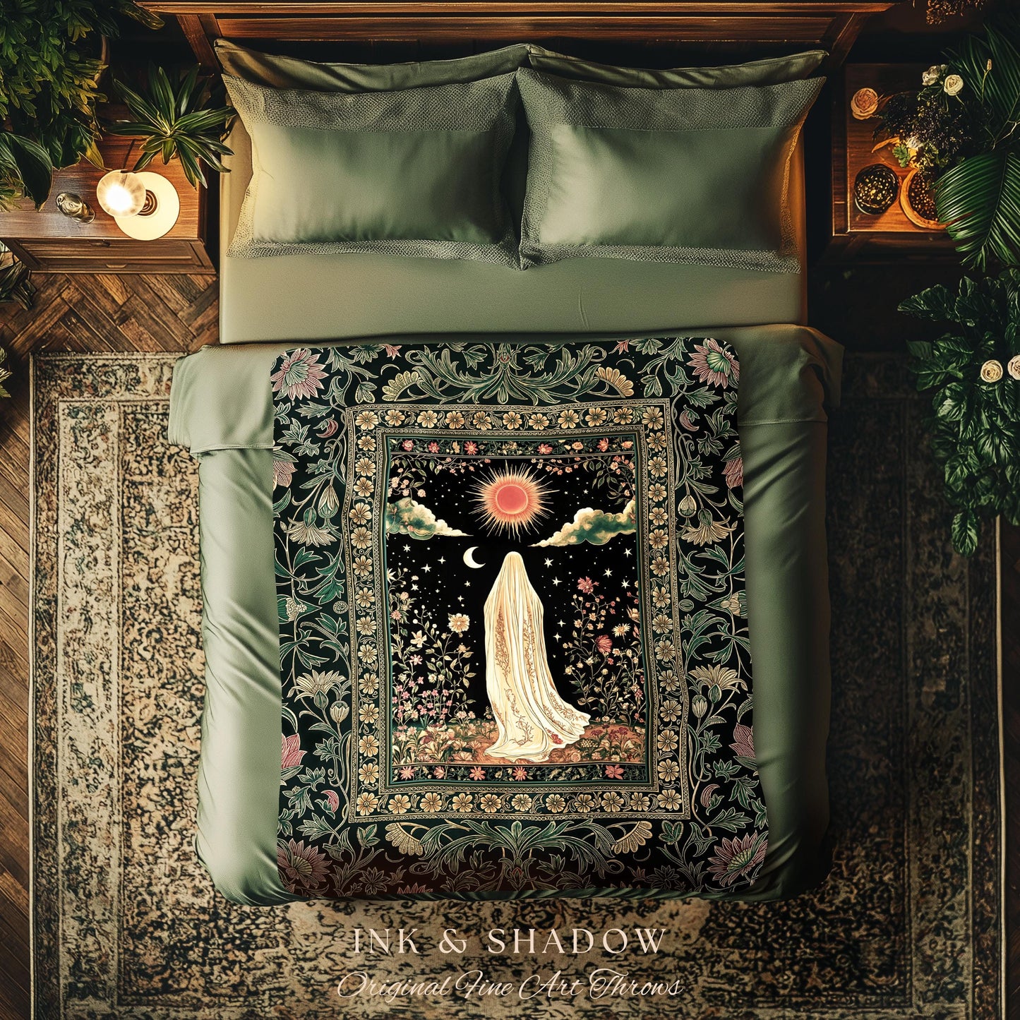 Verdant Sunlit Ghost Cozy Blanket | Floral Cottagecore Halloween Decor Woven Forest Ghost Tapestry Whimsigoth Gothic Throw Art Botanical |