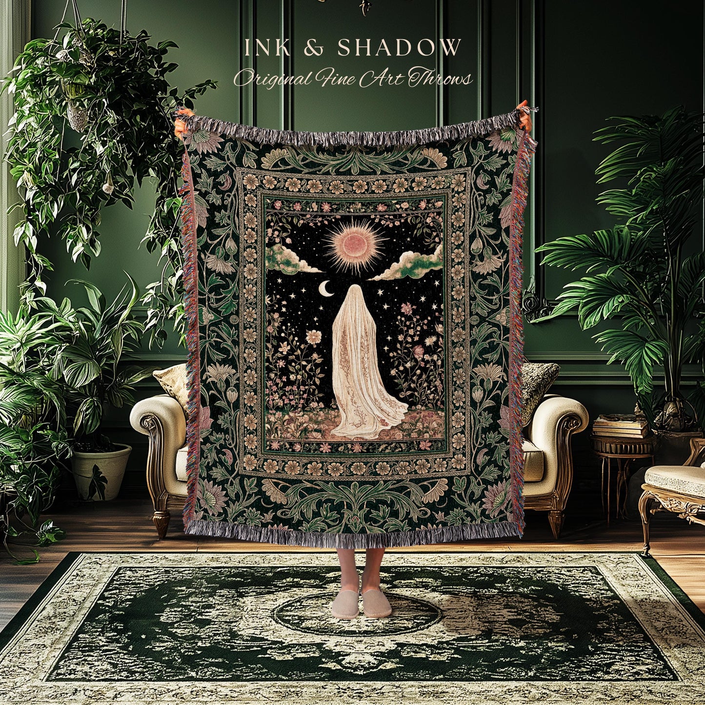 Verdant Sunlit Ghost Cozy Blanket | Floral Cottagecore Halloween Decor Woven Forest Ghost Tapestry Whimsigoth Gothic Throw Art Botanical |