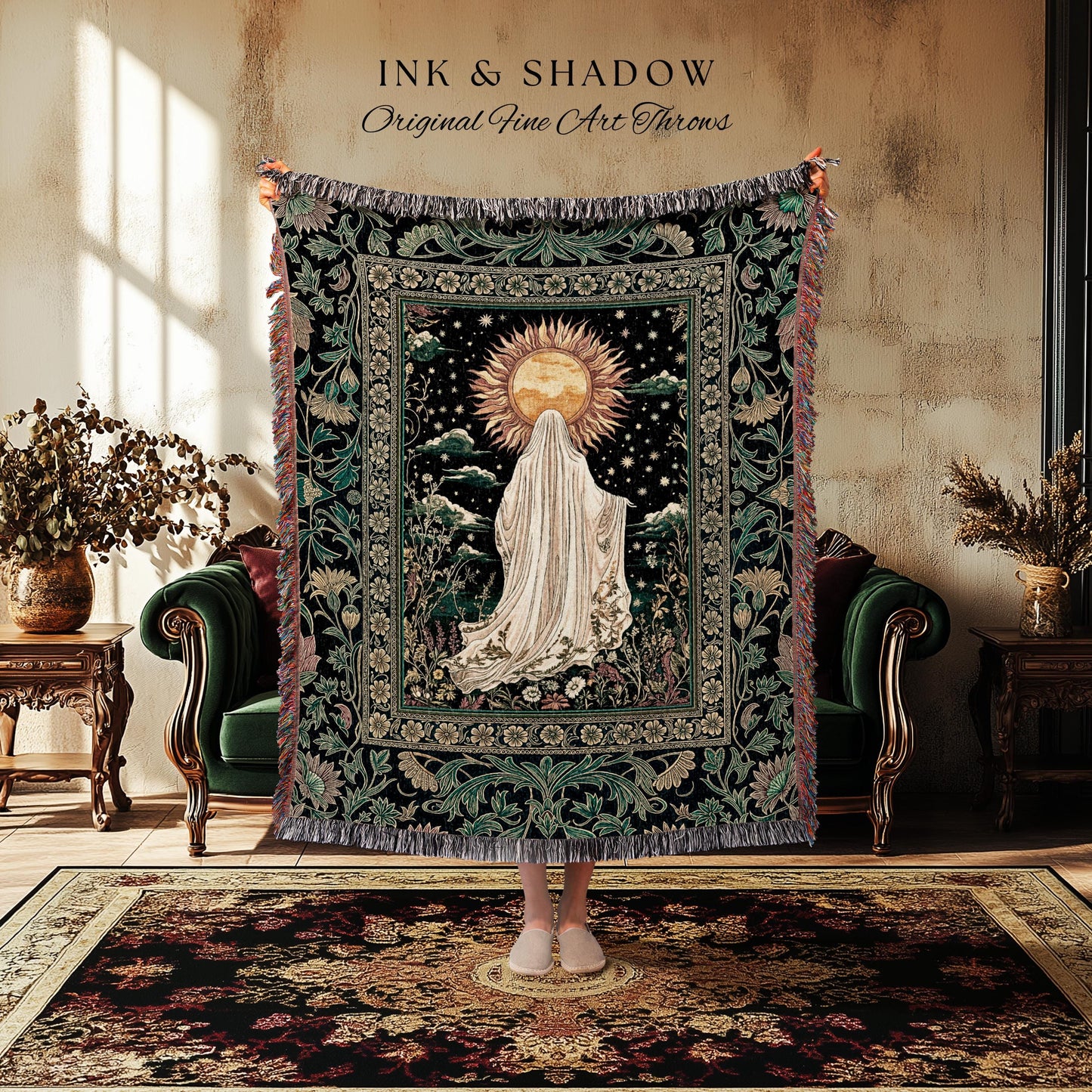 Autumn Harvest Spirit Ghost Blanket | Cottagecore Halloween Floral Woven Throw Tapestry Whimsigoth Gothic Home Decor Botanical Cozy Witchy