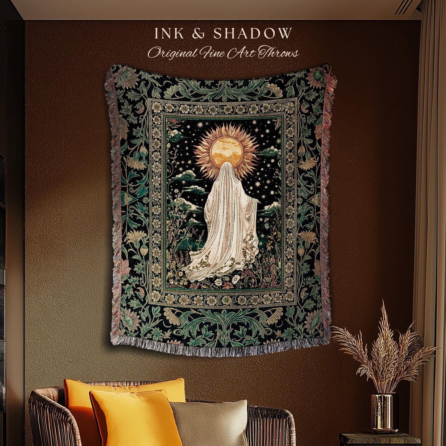 Autumn Harvest Spirit Ghost Blanket | Cottagecore Halloween Floral Woven Throw Tapestry Whimsigoth Gothic Home Decor Botanical Cozy Witchy