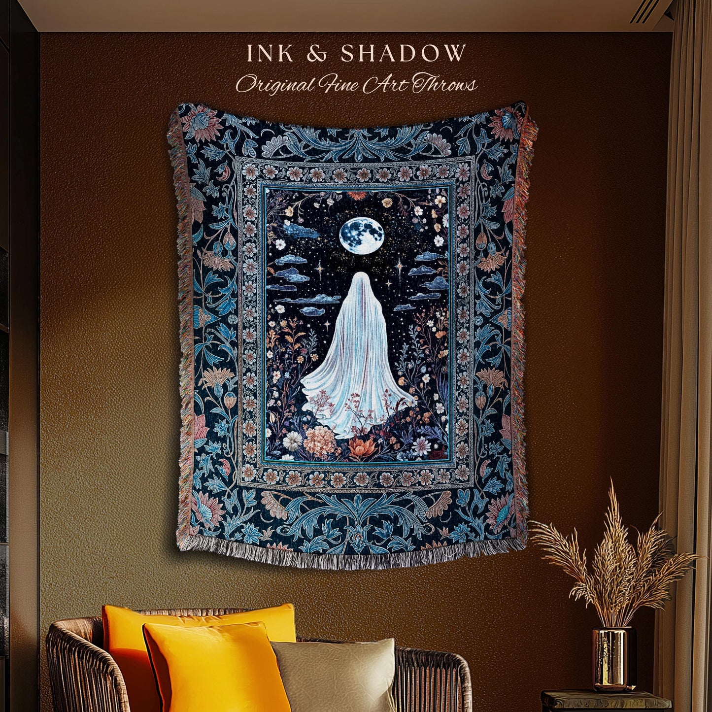 Blue Moon Garden Ghost Blanket | Whimsigoth Pastel Floral Throw Halloween Decor Cottagecore Spirit Tapestry Botanical Season Witchy Style |