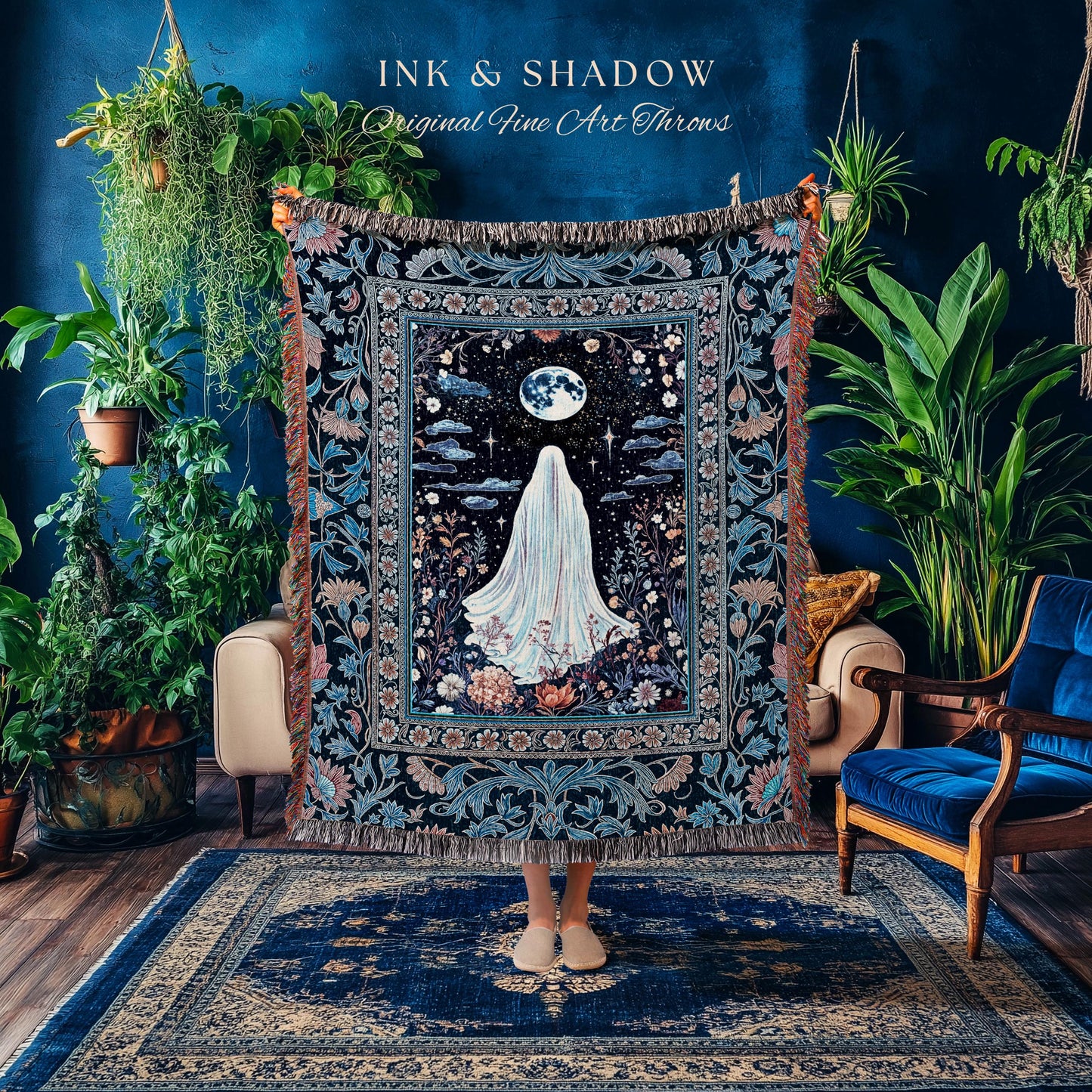 Blue Moon Garden Ghost Blanket | Whimsigoth Pastel Floral Throw Halloween Decor Cottagecore Spirit Tapestry Botanical Season Witchy Style |
