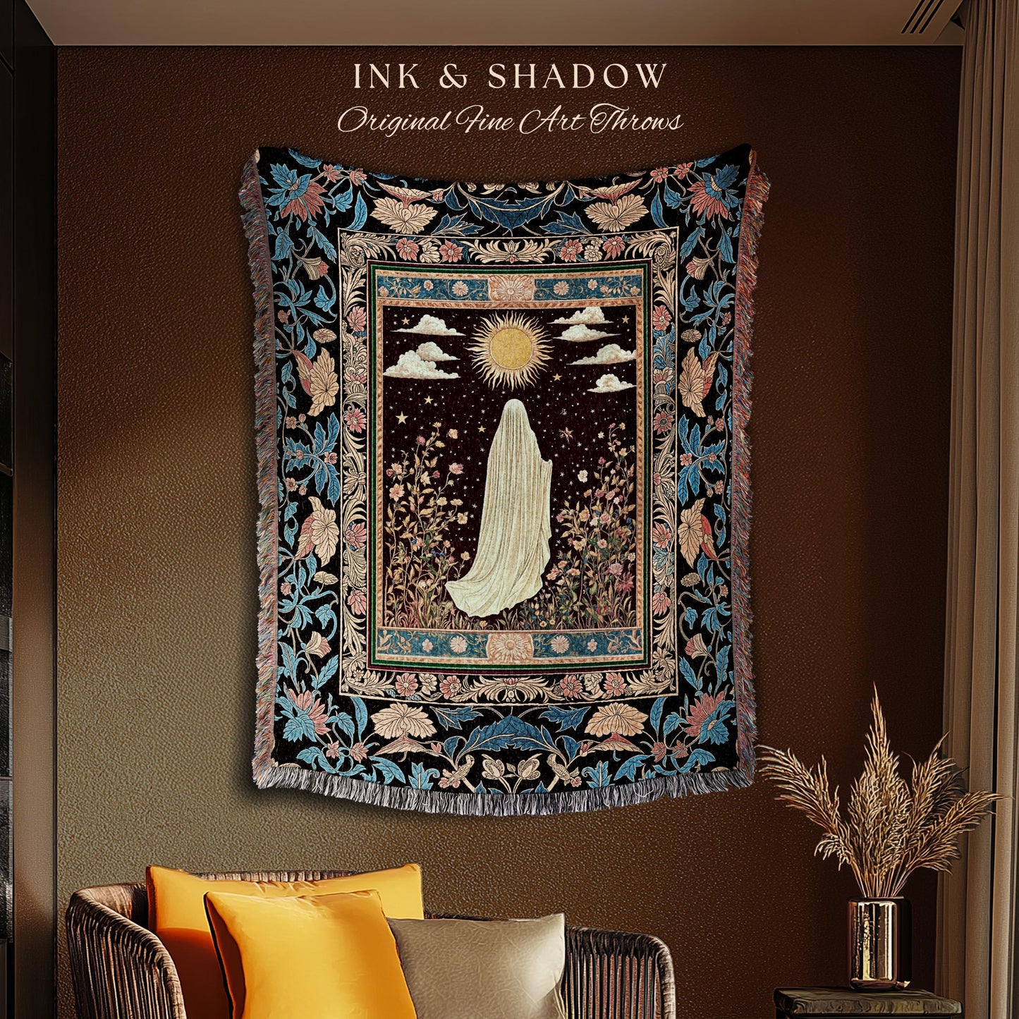 Gothic Sunlit Ghost Throw Blanket | Whimsigothic Cottagecore Woven Tapestry Decor Halloween Spirit Floral Mysticism Witchy Bedroom Accent |
