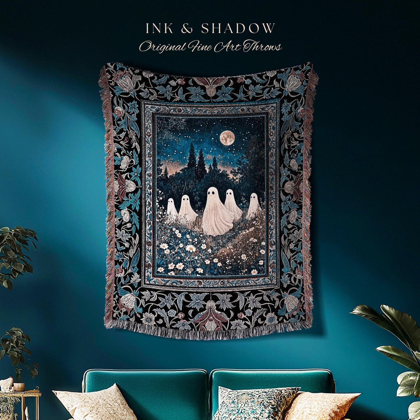 Midnight Gathering Mystical Ghost Blanket | Gothic Halloween Tapestry Whimsigoth Floral Dark Cottagecore Maximalist Mystic Decor Full Moon