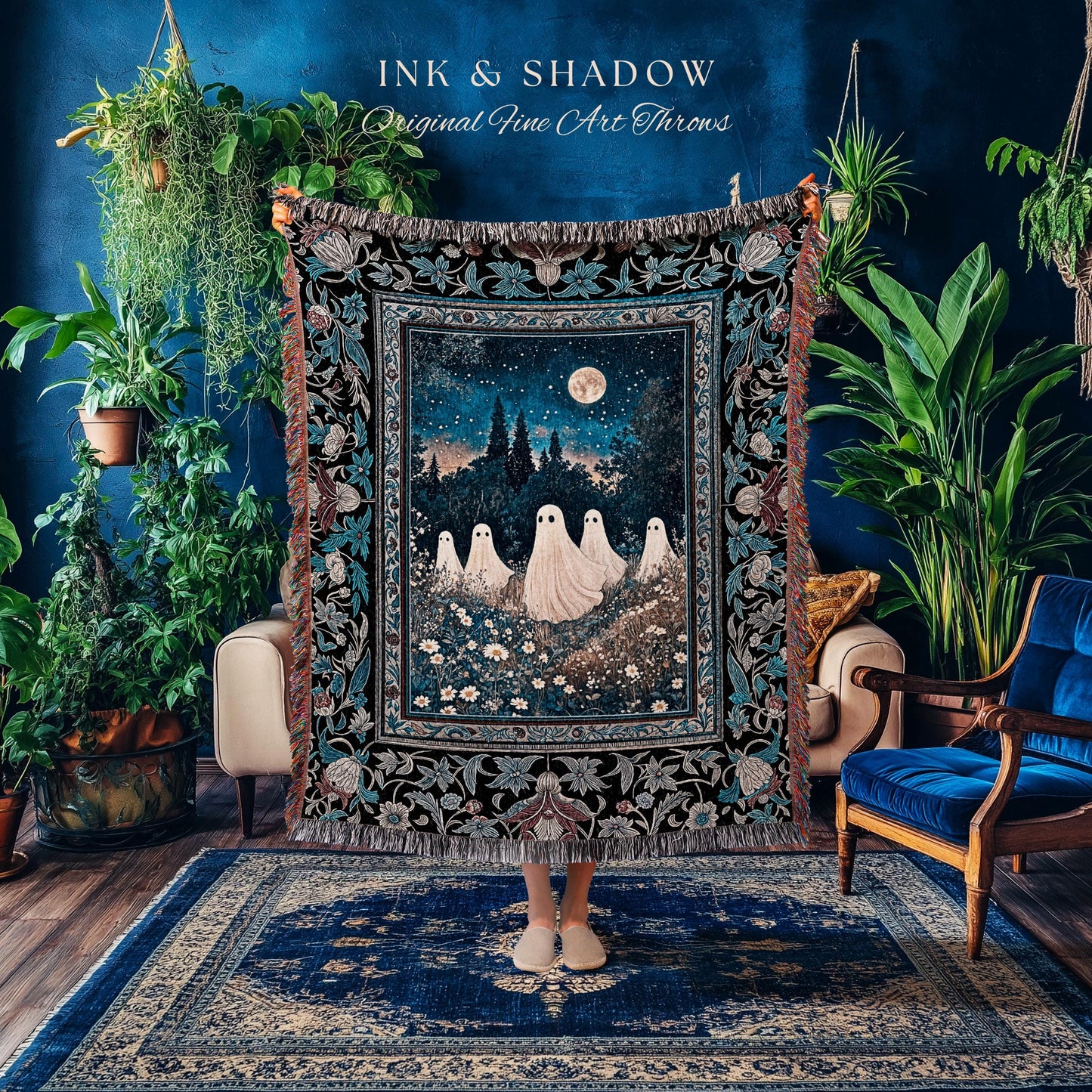 Midnight Gathering Mystical Ghost Blanket | Gothic Halloween Tapestry Whimsigoth Floral Dark Cottagecore Maximalist Mystic Decor Full Moon