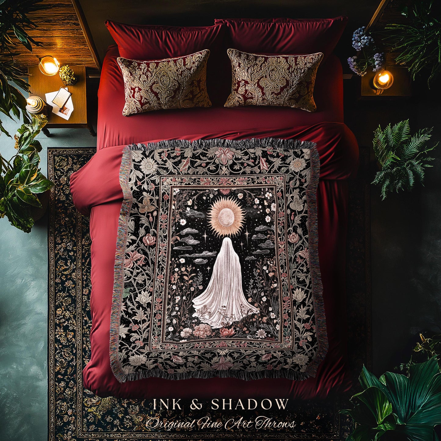 Ethereal Rose Garden Ghost Blanket | Pastel Floral Woven Tapestry Halloween Throw Cottagecore Whimsigoth Romantic Goth Decor Celestial Witch