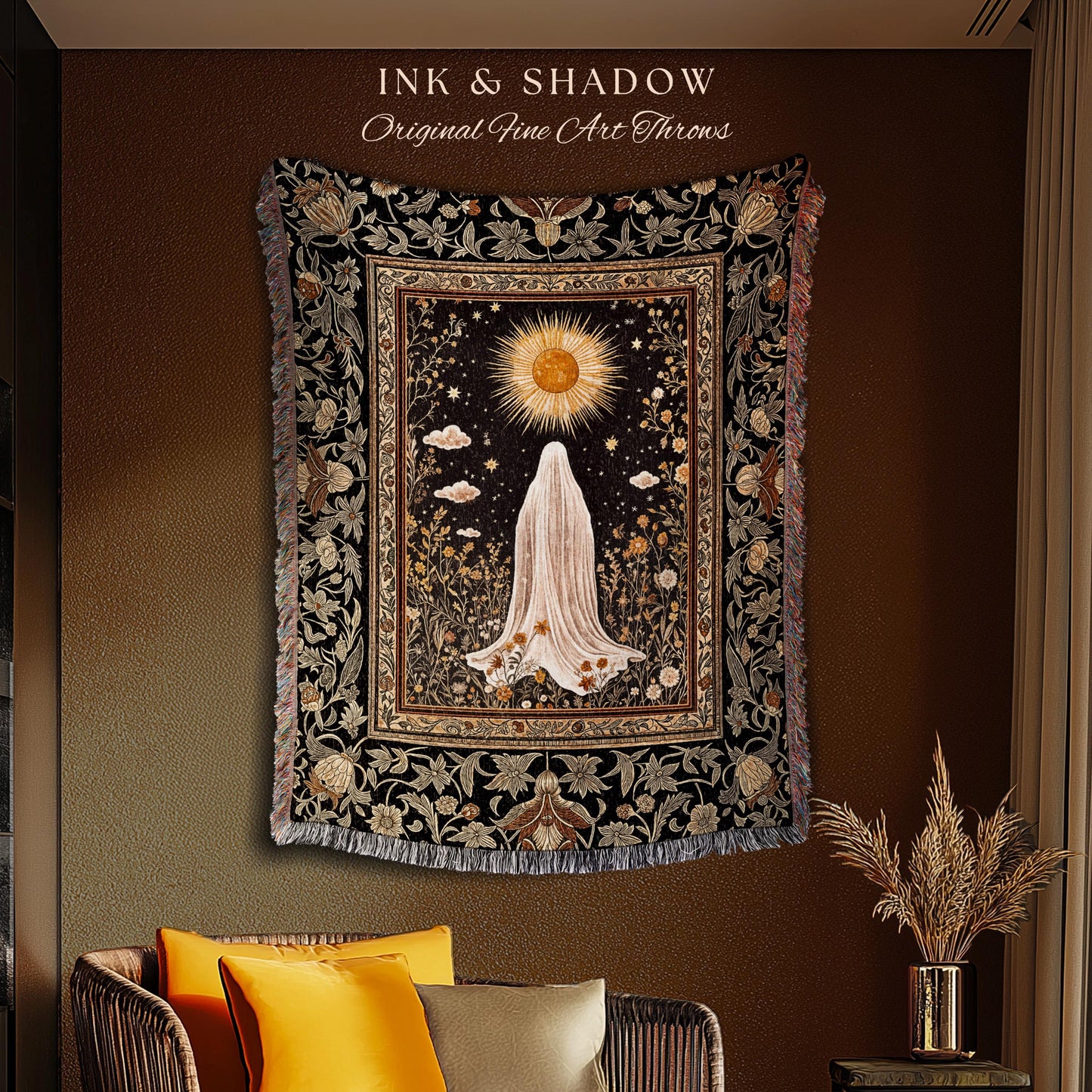 Golden Hour Mystic Ghost Blanket | Autumn Floral Tapestry Woven Throw Halloween Decor Whimsigoth Cottagecore Spirit Home Accent Witchy Theme