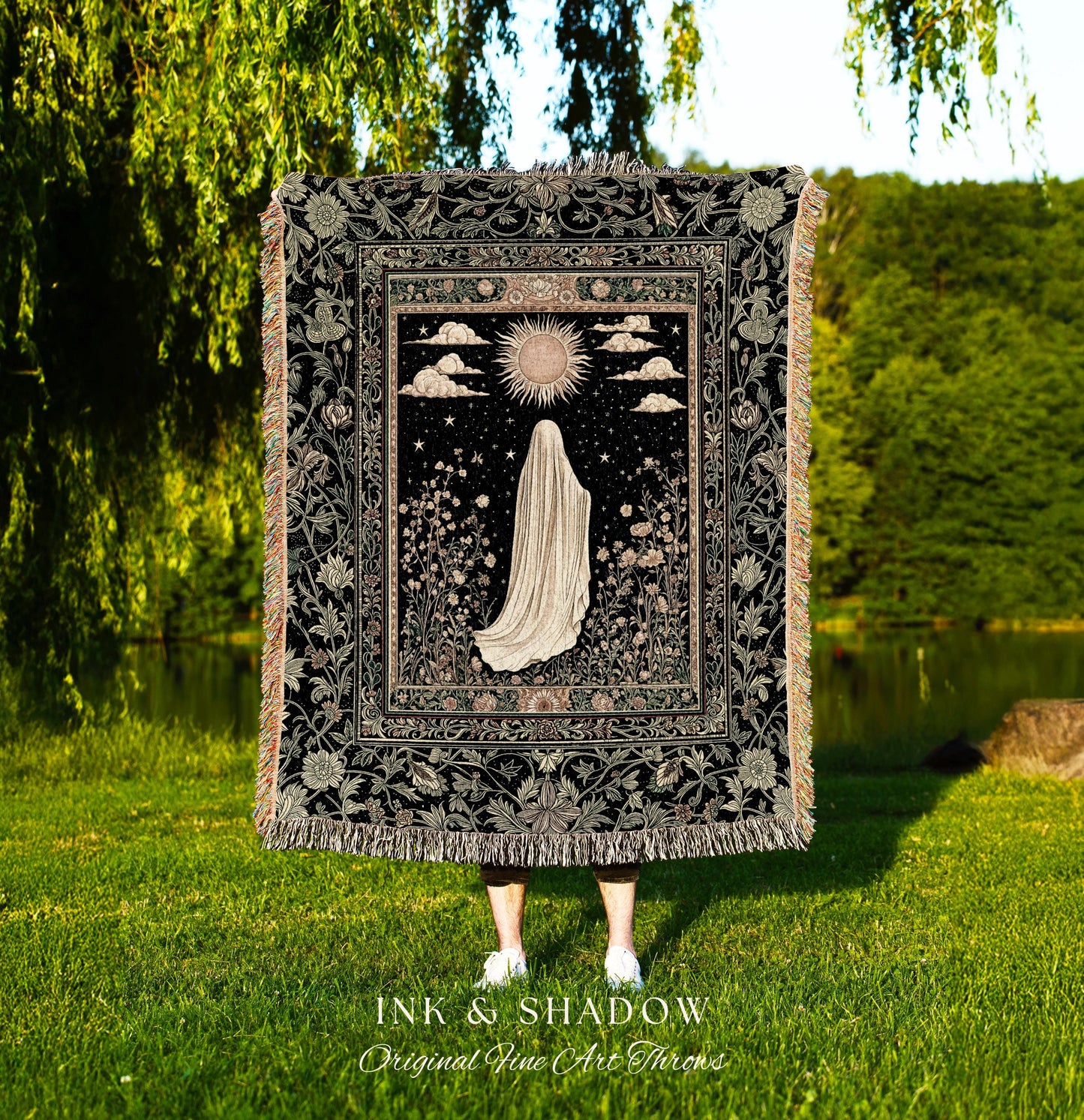 Whimsical Sky Spirit Blanket | Woven Tapestry Ghost Throw Halloween Floral Decor Cottagecore Whimsigoth Accent Botanical Dark Academia Style