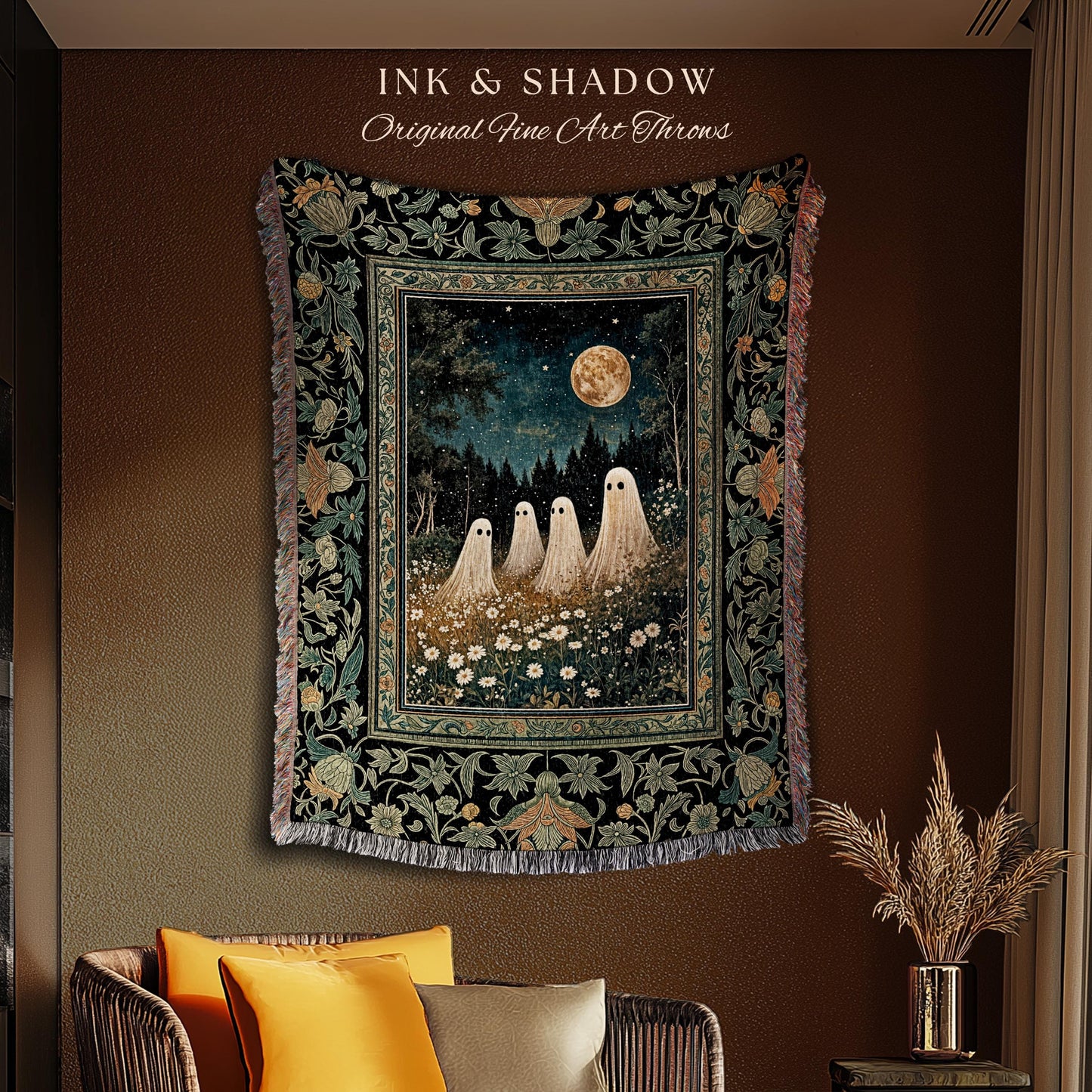 Mystic Full Moon Ghost Family Tapestry | Floral Halloween Woven Blanket Whimsigoth Gothic Mysticism Witchy Maximalist Throw Spooky Decor |