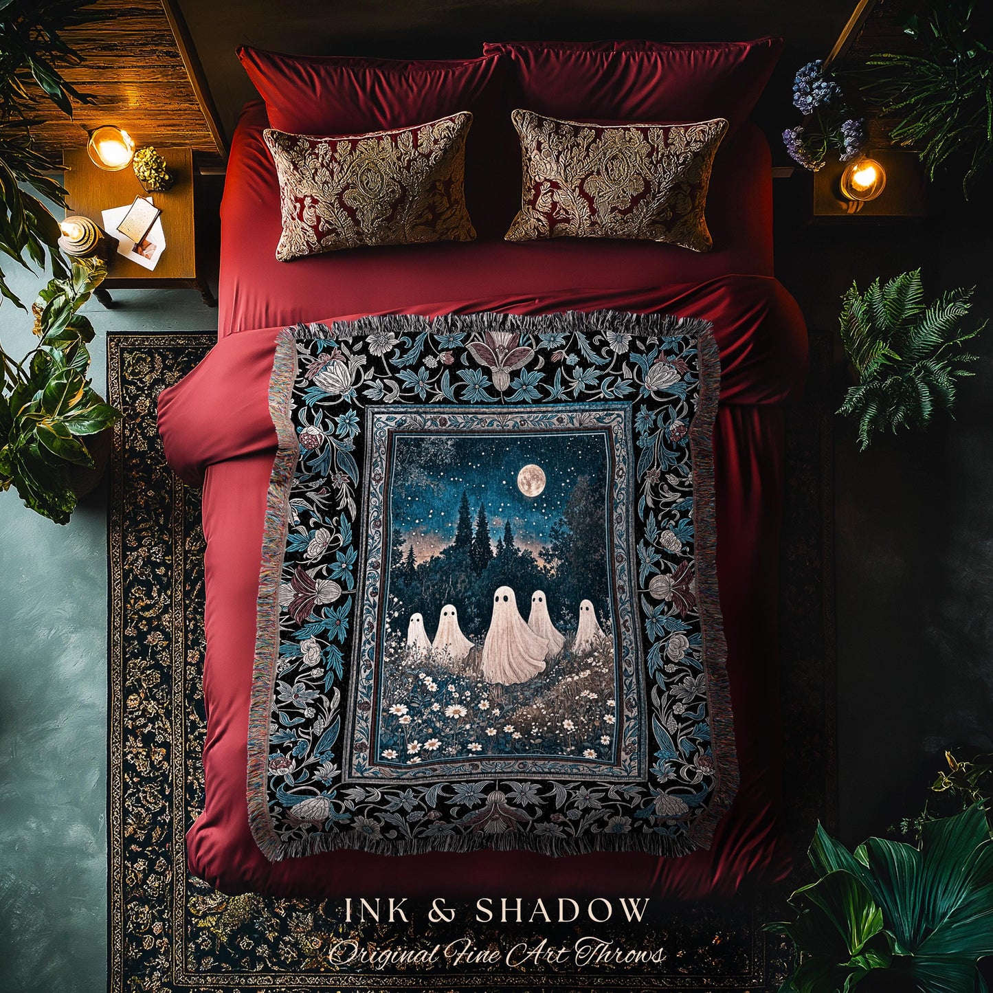 Midnight Gathering Mystical Ghost Blanket | Gothic Halloween Tapestry Whimsigoth Floral Dark Cottagecore Maximalist Mystic Decor Full Moon