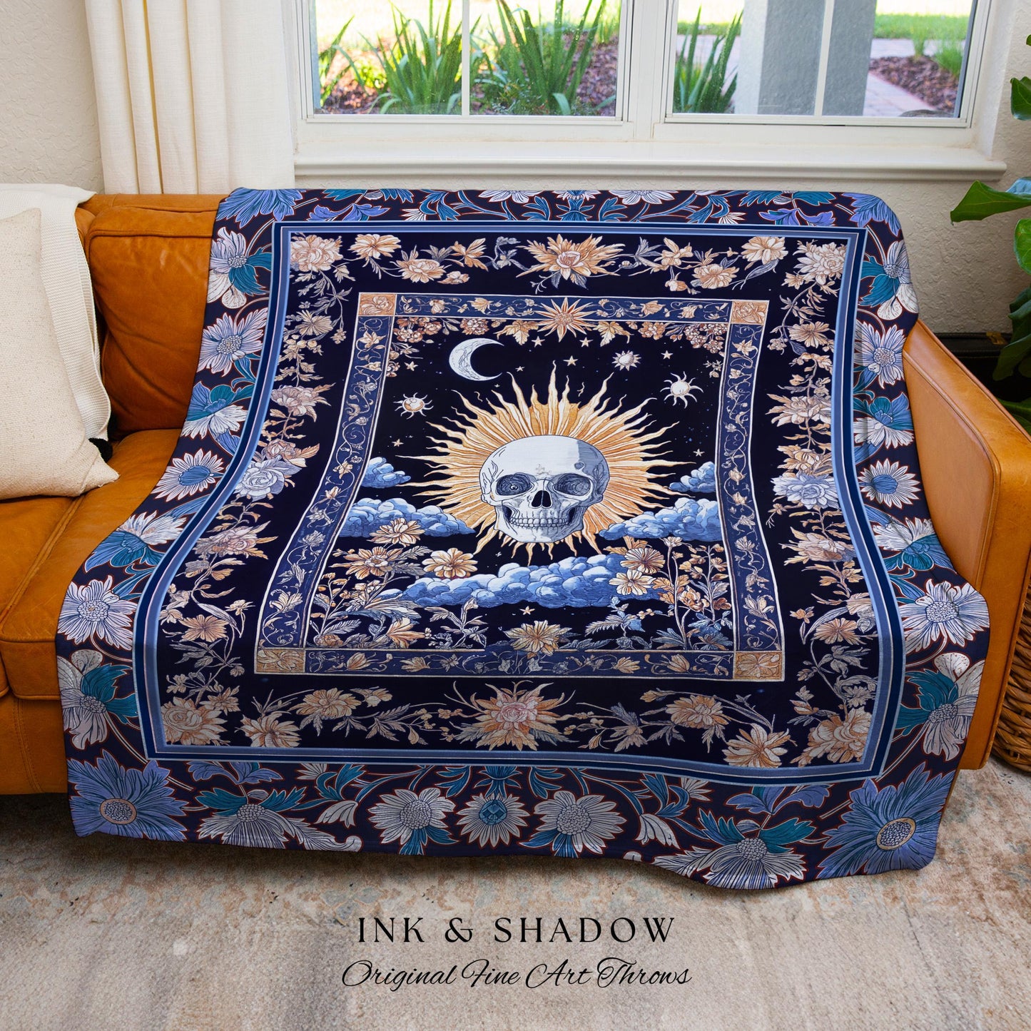 Magic Witchy Skull Wall Tapestry Gothic | Pastel Tarot Tapestry Dark Academia Throw Blanket Macabre Design Spooky Skeleton Woven Whimsigoth