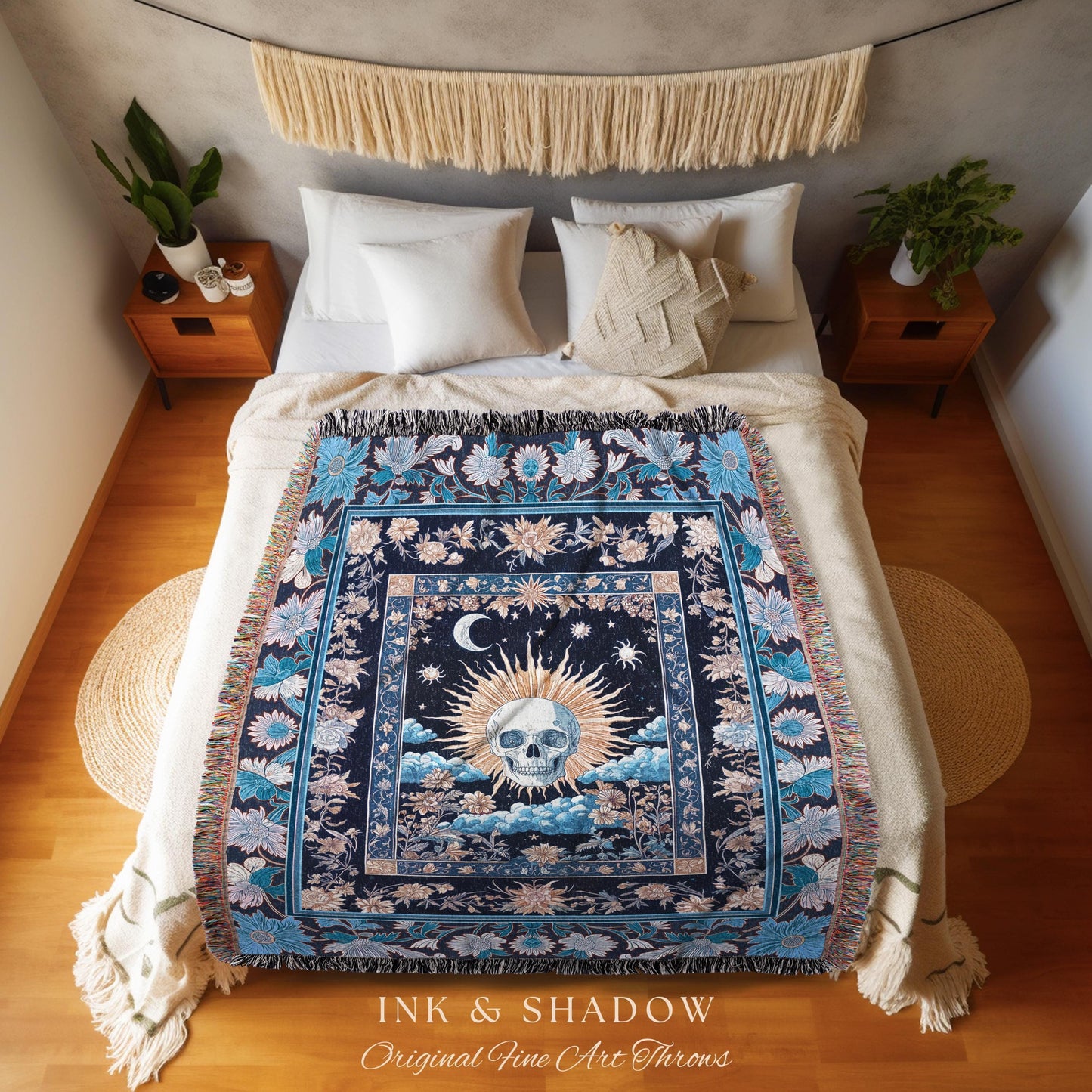 Magic Witchy Skull Wall Tapestry Gothic | Pastel Tarot Tapestry Dark Academia Throw Blanket Macabre Design Spooky Skeleton Woven Whimsigoth