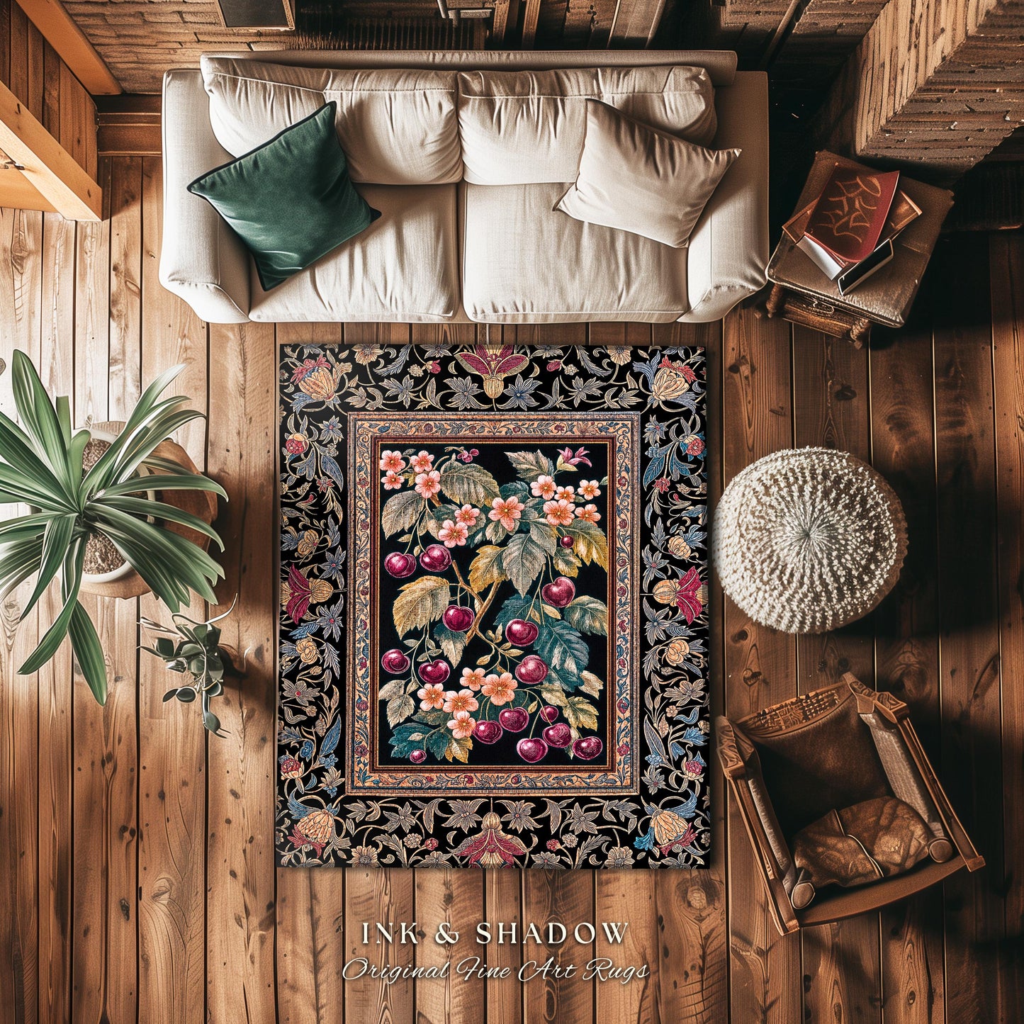 Dark Romantic Cherry Blossom Area Rug | Vintage Botanical Art Gothic Floral Design Moody Garden Accent Baroque Cottagecore Home Decor Royal