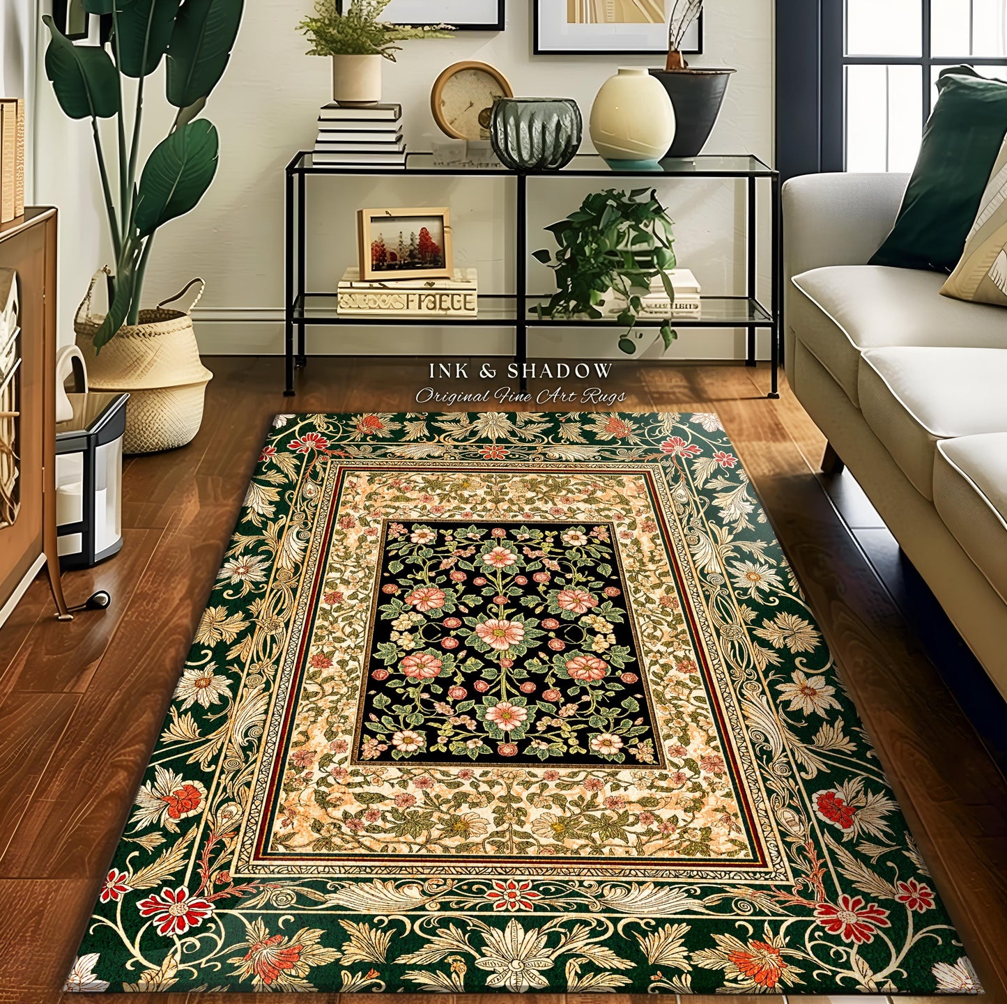 Victorian Garden Floral Area Rug | Romantic Rococo Botanical Accent Baroque Bloom Pattern Heritage Decor Cottagecore Jewel Toned Interior