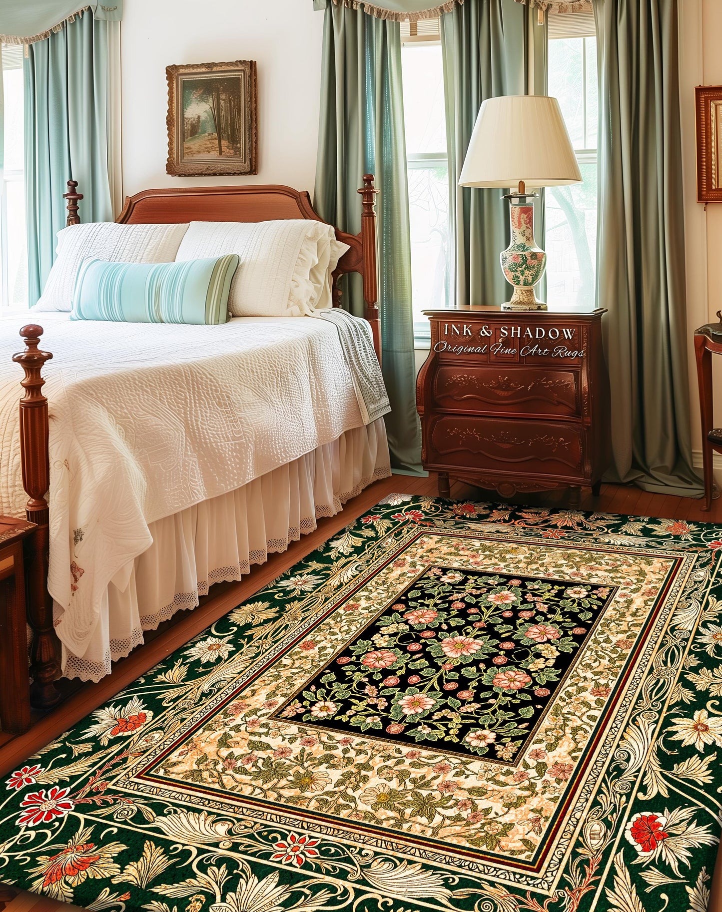Victorian Garden Floral Area Rug | Romantic Rococo Botanical Accent Baroque Bloom Pattern Heritage Decor Cottagecore Jewel Toned Interior