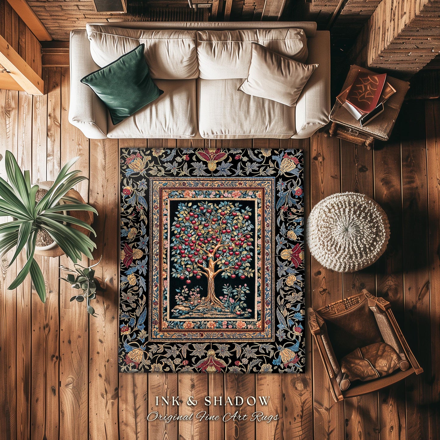 Medieval Cherry Tree of Life Area Rug | Baroque Botanical Pattern Romantic Gothic Style Vintage Garden Fruit Accent Maximalist Home Decor