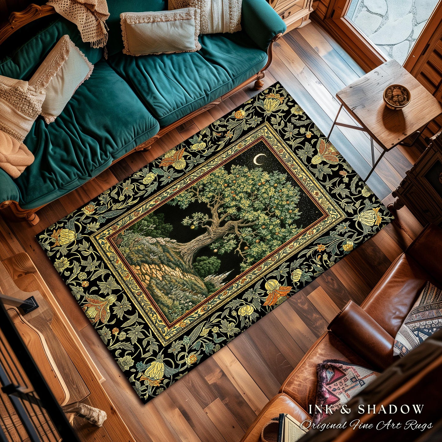 Emerald Aesthetic Folklore Area Rug | Celestial Tree of Life Moonlit Forest Enchanted Mystic Woodland Decor Dark Cottagecore Whimsical Decor