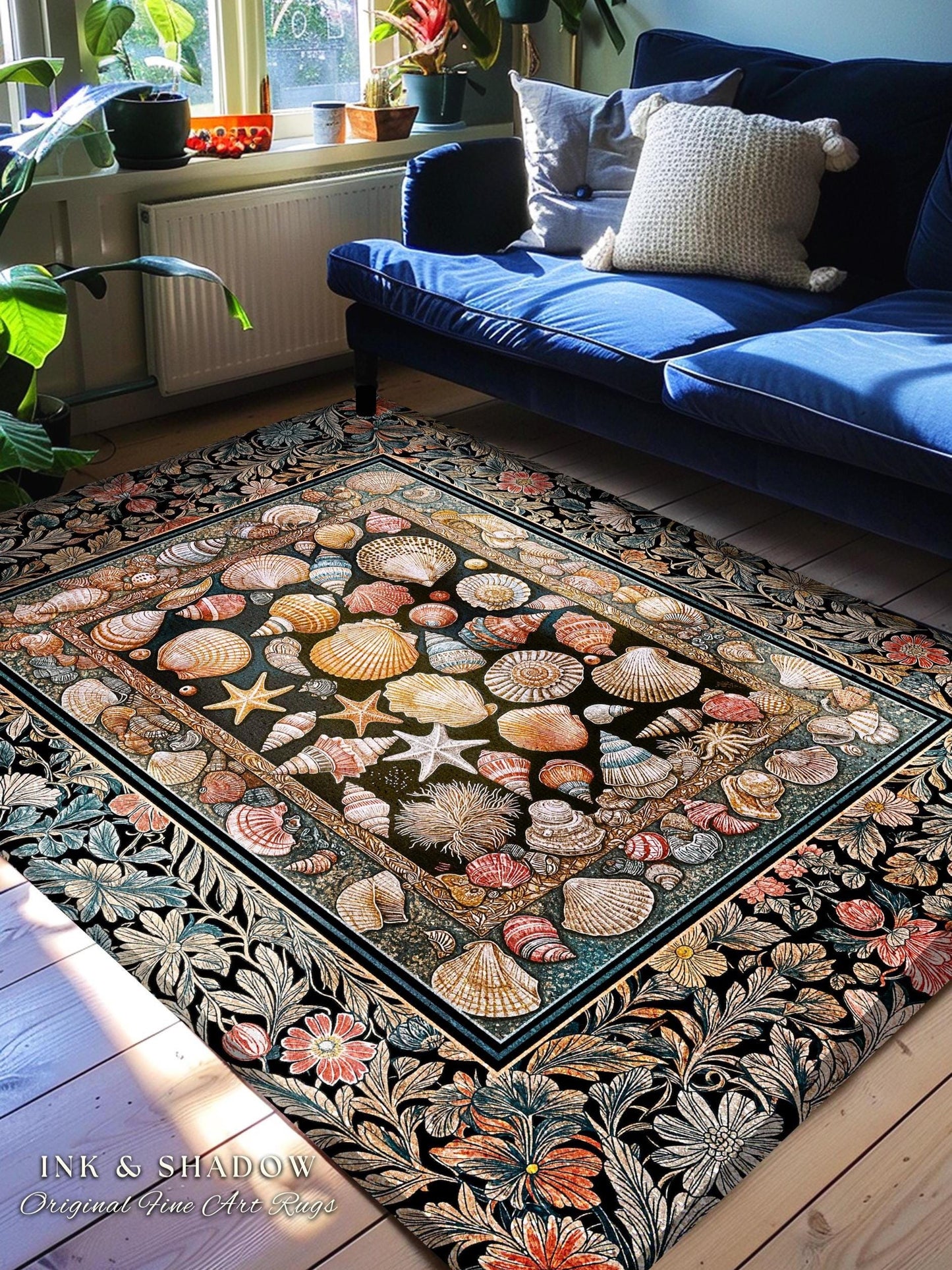 Whimsical Sea Shell Beachy Area Rug | Rustic Beach House Aesthetic Marine-Inspired Art Nautical Design Boho Decor Ocean Lore Coastal Accent