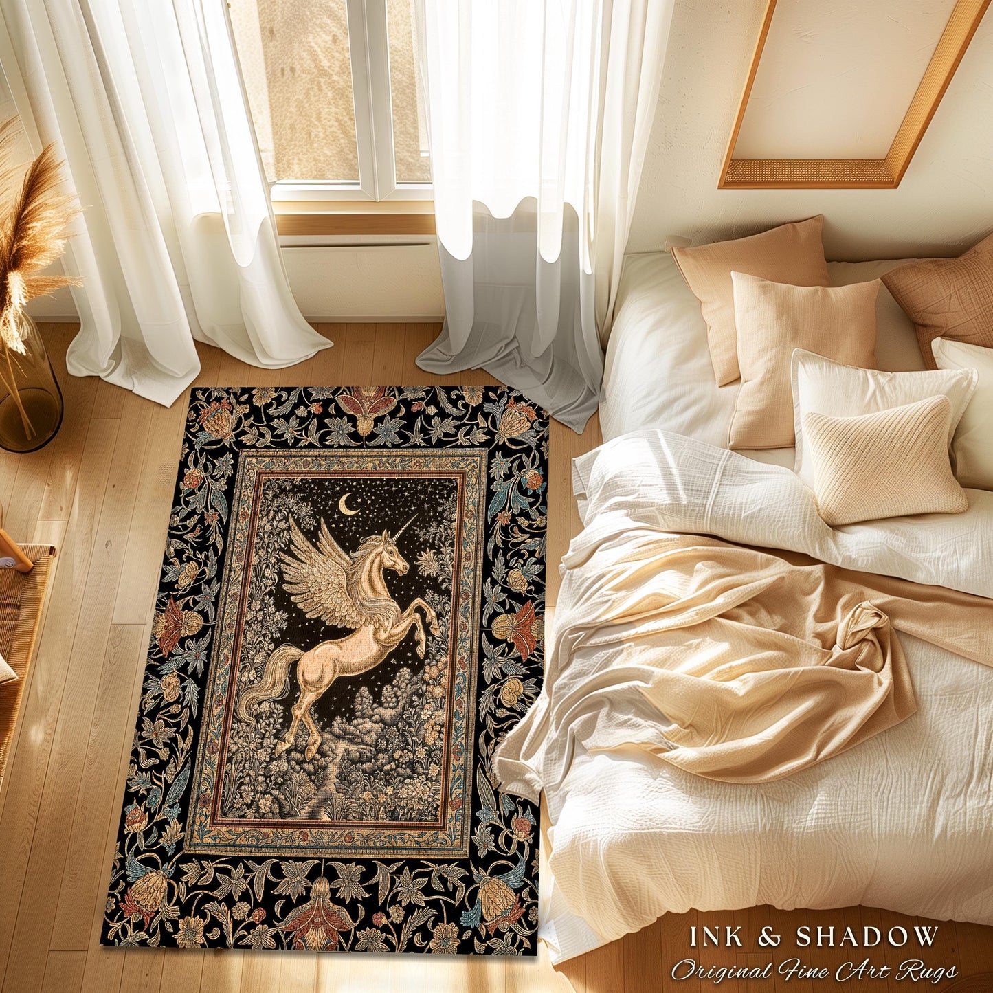 Golden Moon Regal Unicorn Rug | Forest Gothic Fairytale Area Rug Pegasus Baroque Style Fantasy Decor Dreamy Bedroom Whimsical Cottagecore |