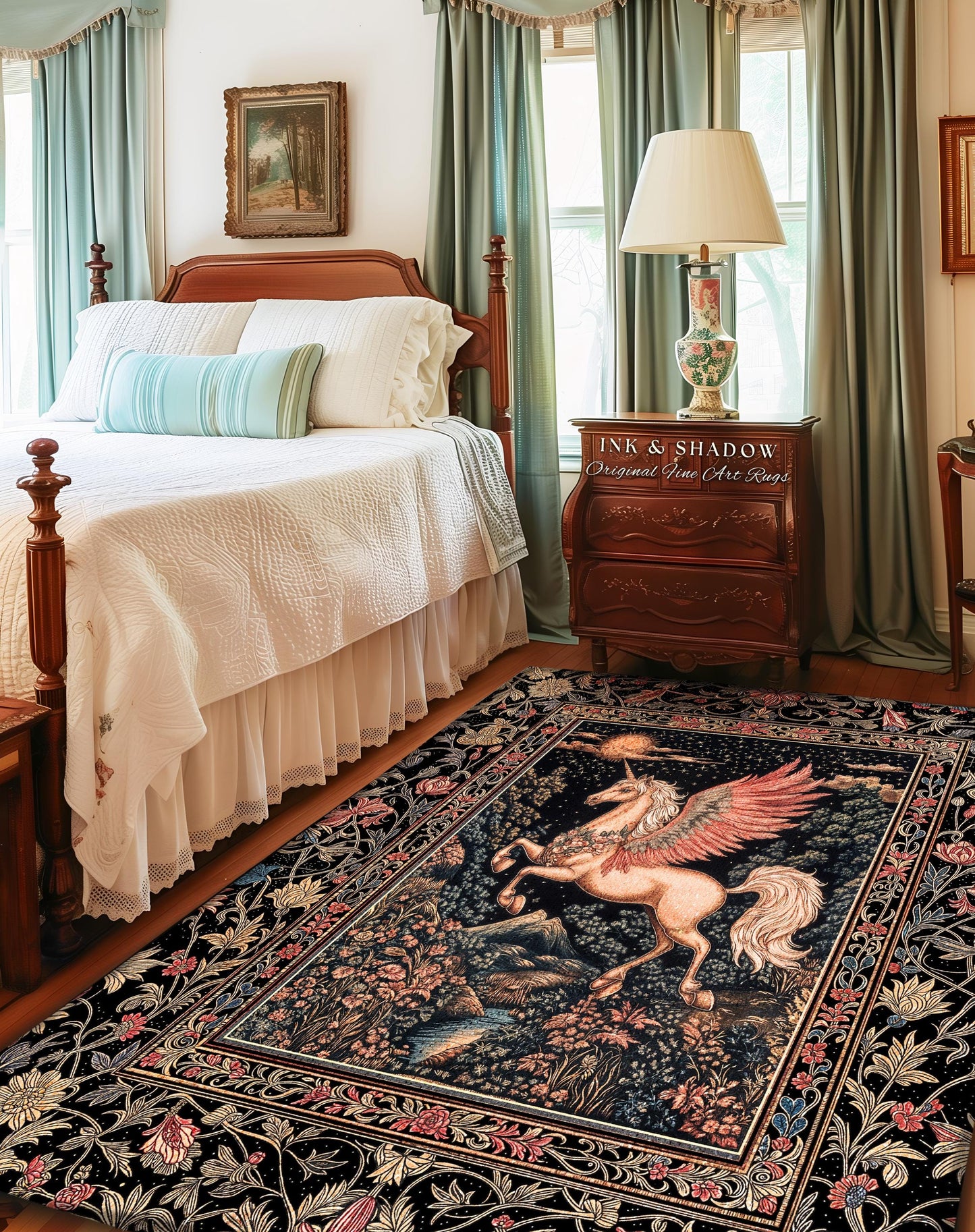 Mystical Pegasus Castlecore Rug | Coral Wing Unicorn Decor Fantasy Regal Fairytale Room Cottagecore Baroque Romantic Gothic Home Accent |