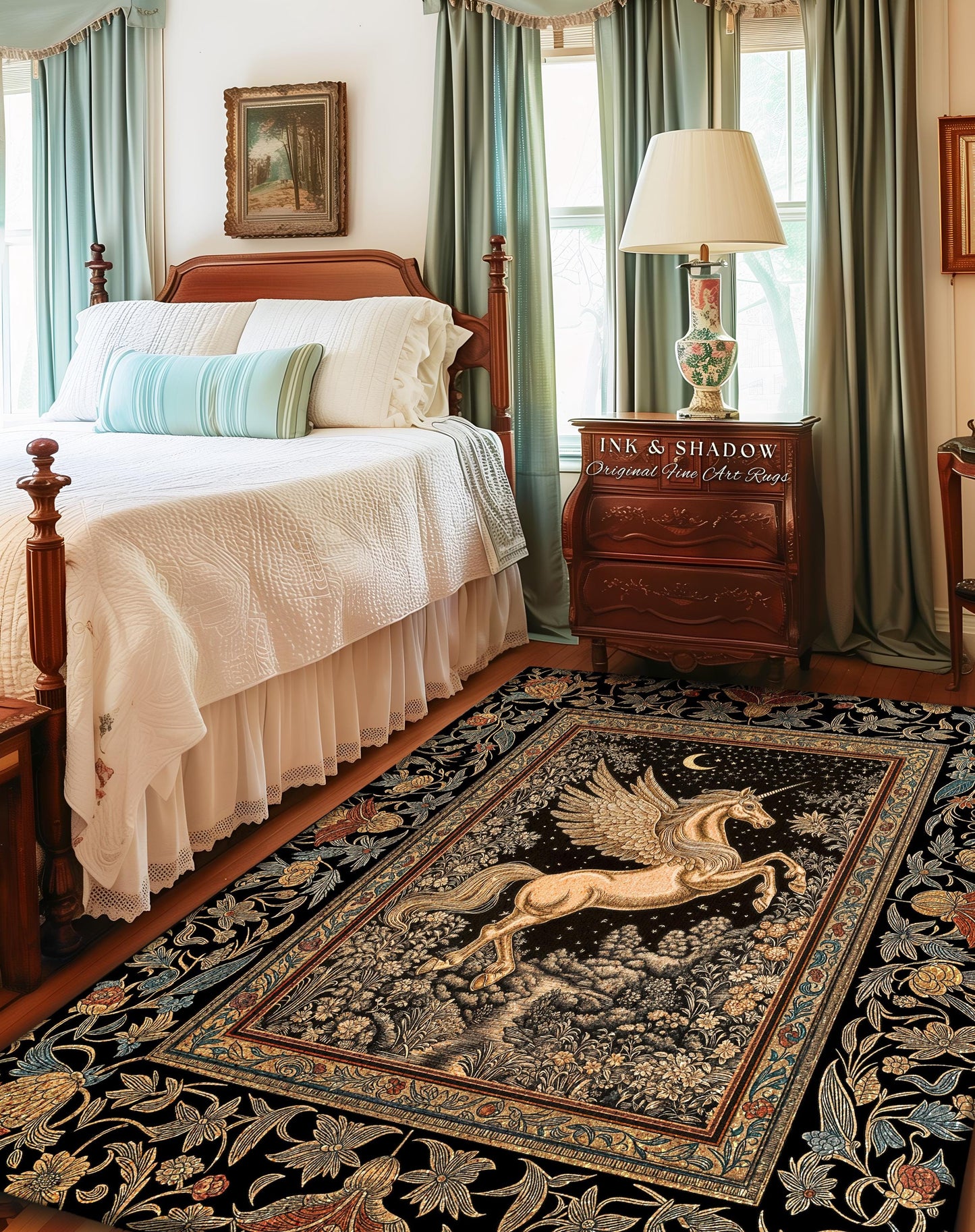 Golden Moon Regal Unicorn Rug | Forest Gothic Fairytale Area Rug Pegasus Baroque Style Fantasy Decor Dreamy Bedroom Whimsical Cottagecore |