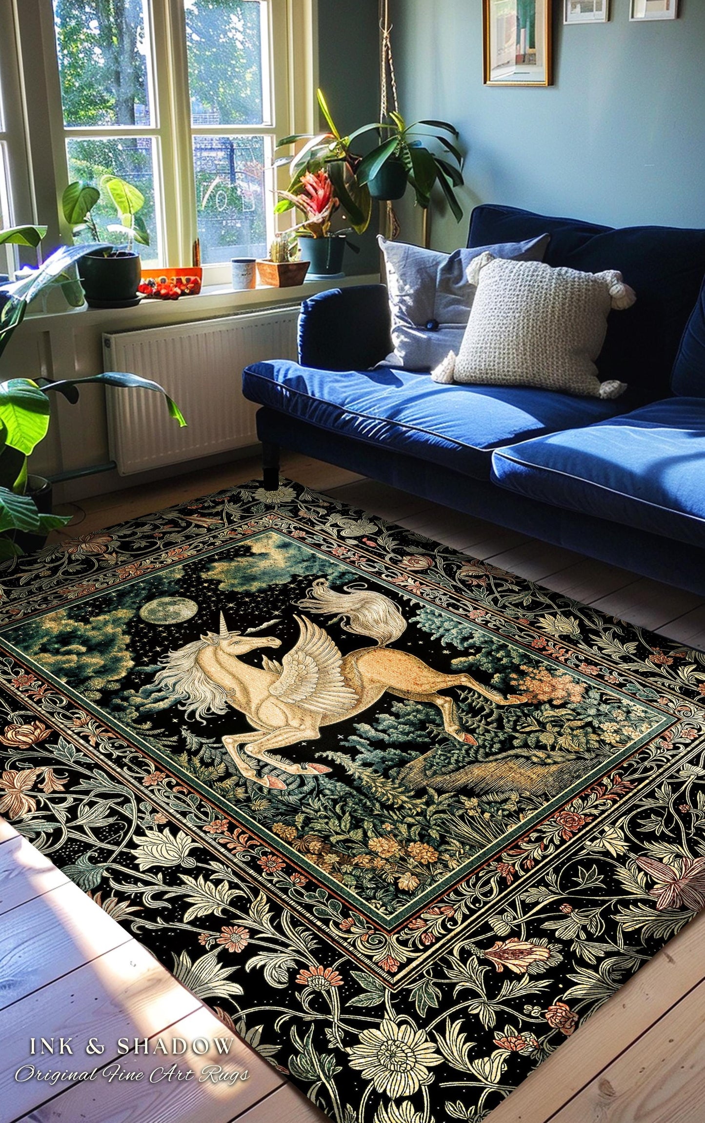 Celestial Pegasus Unicorn Forest Rug | Baroque Bedroom Decor Romantic Maximalist Fairytale Cottagecore Style Whimsical Castlecore Accent