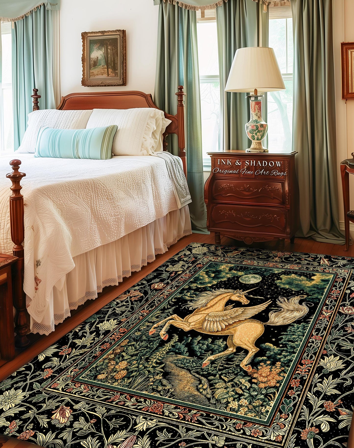 Celestial Pegasus Unicorn Forest Rug | Baroque Bedroom Decor Romantic Maximalist Fairytale Cottagecore Style Whimsical Castlecore Accent